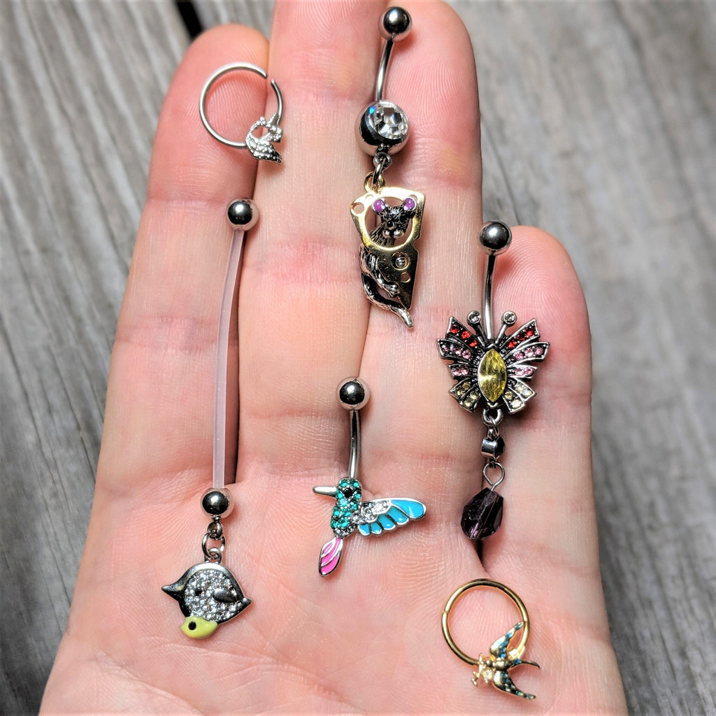BodyCandy Red Yellow Purple Art Deco Butterfly Dangle Belly Ring — detail close-up