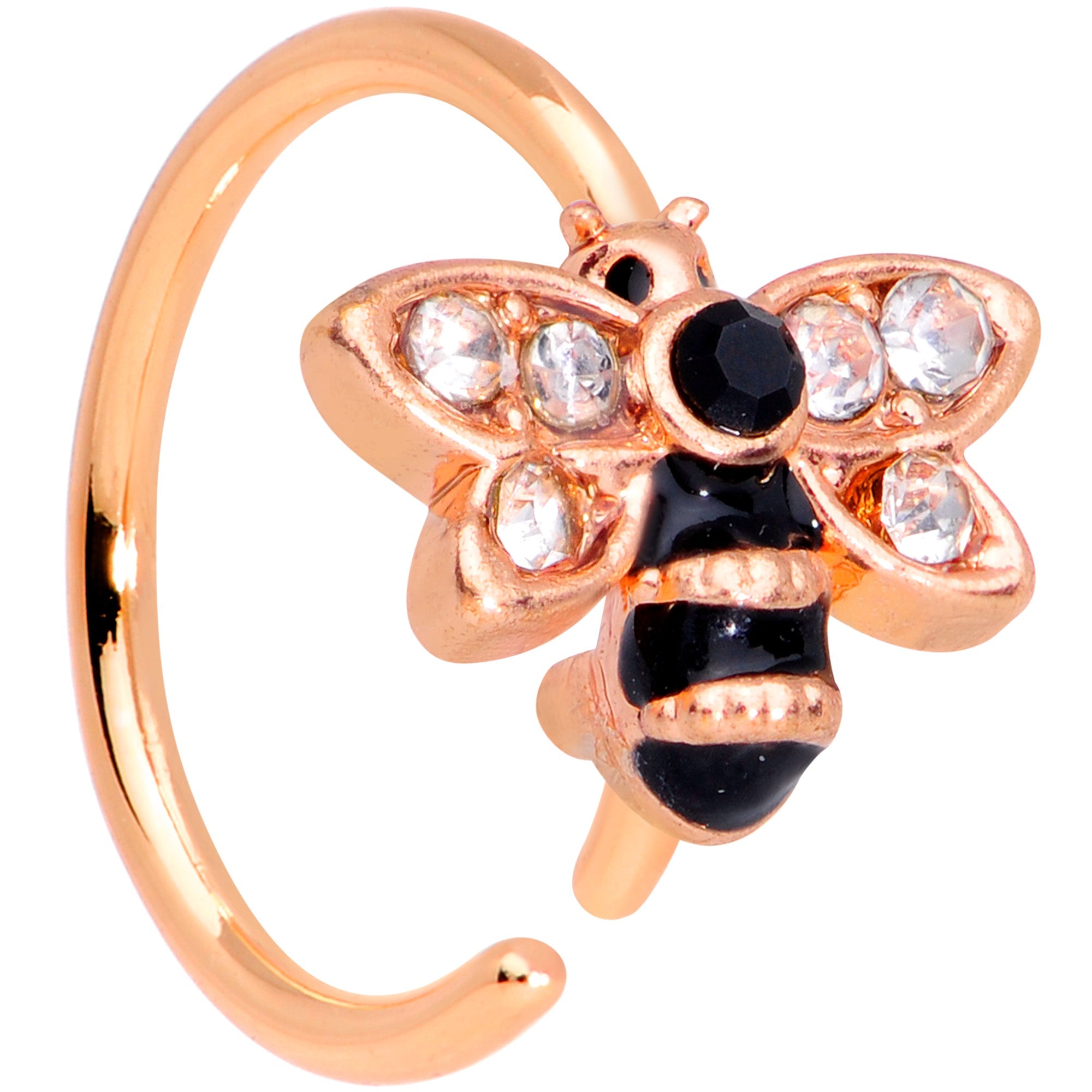 BodyCandy 20G 5/16 Clear Black Gem Rose Gold Tone Bee Nose Hoop — main product shot