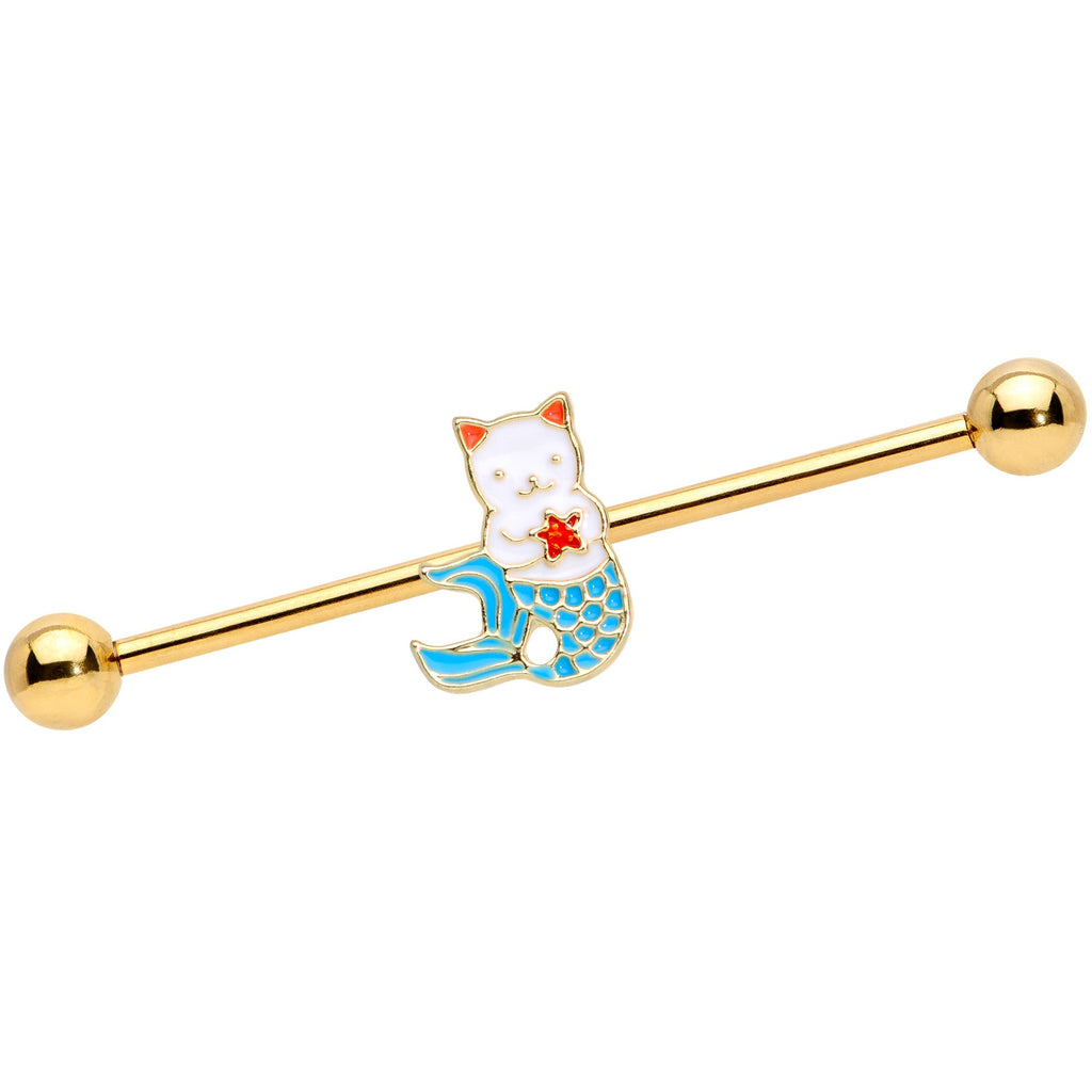 BodyCandy 14G Gold Tone Blue White Mermaid Cat Industrial Barbell 38mm — main product shot