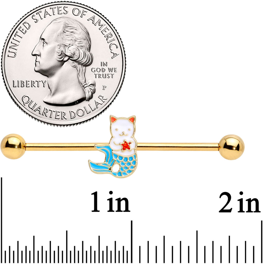 BodyCandy 14G Gold Tone Blue White Mermaid Cat Industrial Barbell 38mm — detail close-up