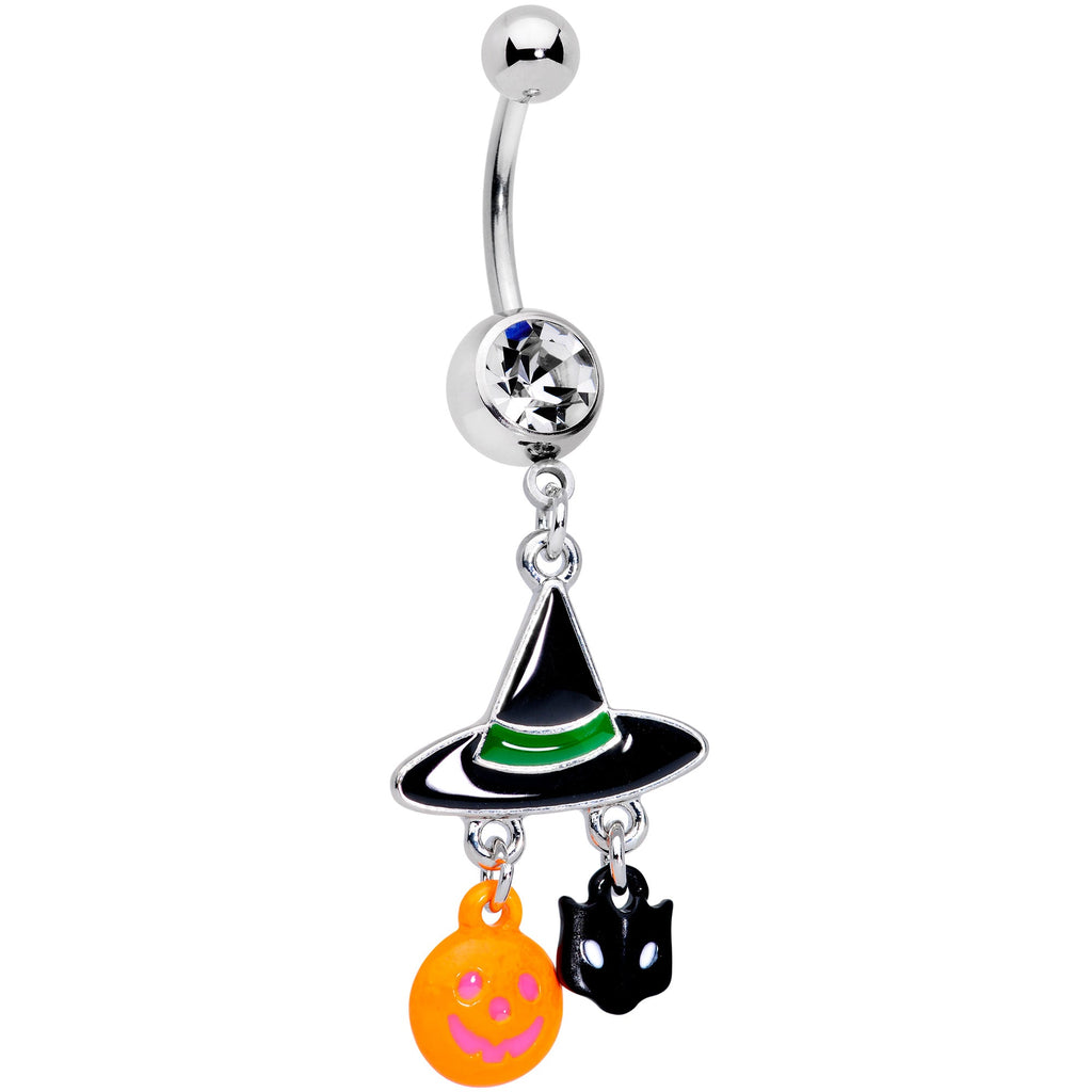 BodyCandy Clear Gem Witch Hat Bat Orange Pumpkin Halloween Dangle Belly Ring — main product shot