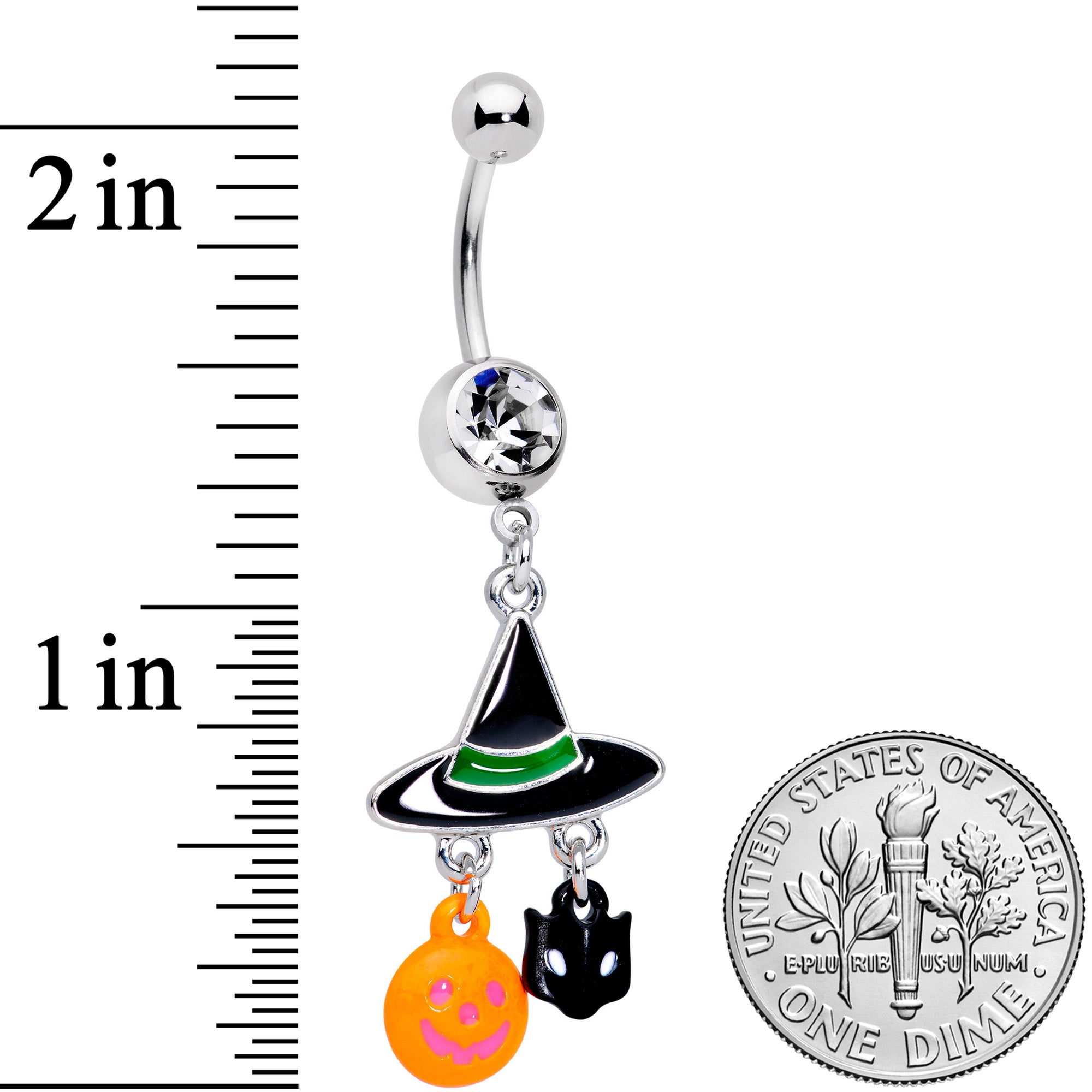 BodyCandy Clear Gem Witch Hat Bat Orange Pumpkin Halloween Dangle Belly Ring — detail close-up