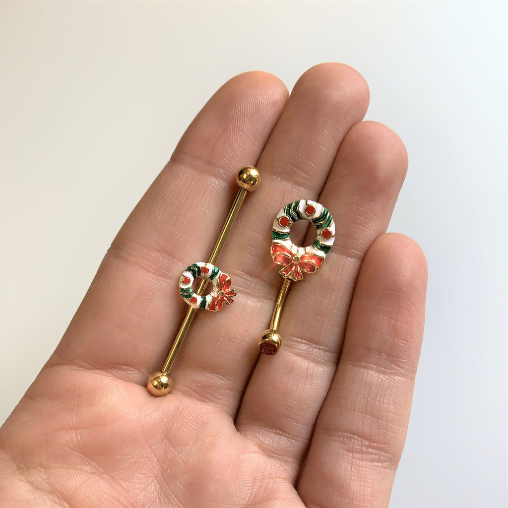 BodyCandy 14G Gold Tone PVD Christmas Wreath Industrial Barbell 38mm — lifestyle context