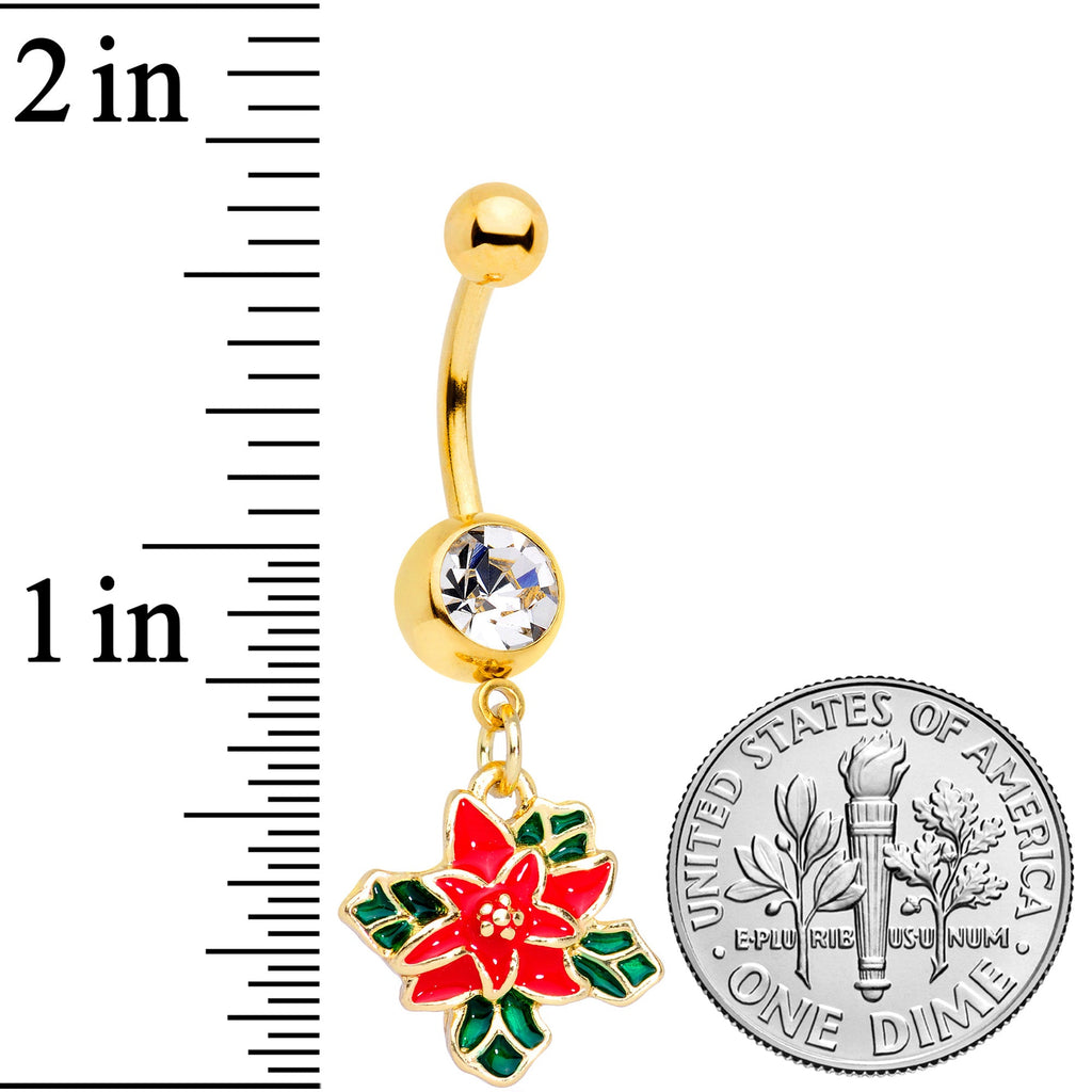 BodyCandy Clear Gem Gold Tone Poinsettia Christmas Dangle Belly Ring — side view