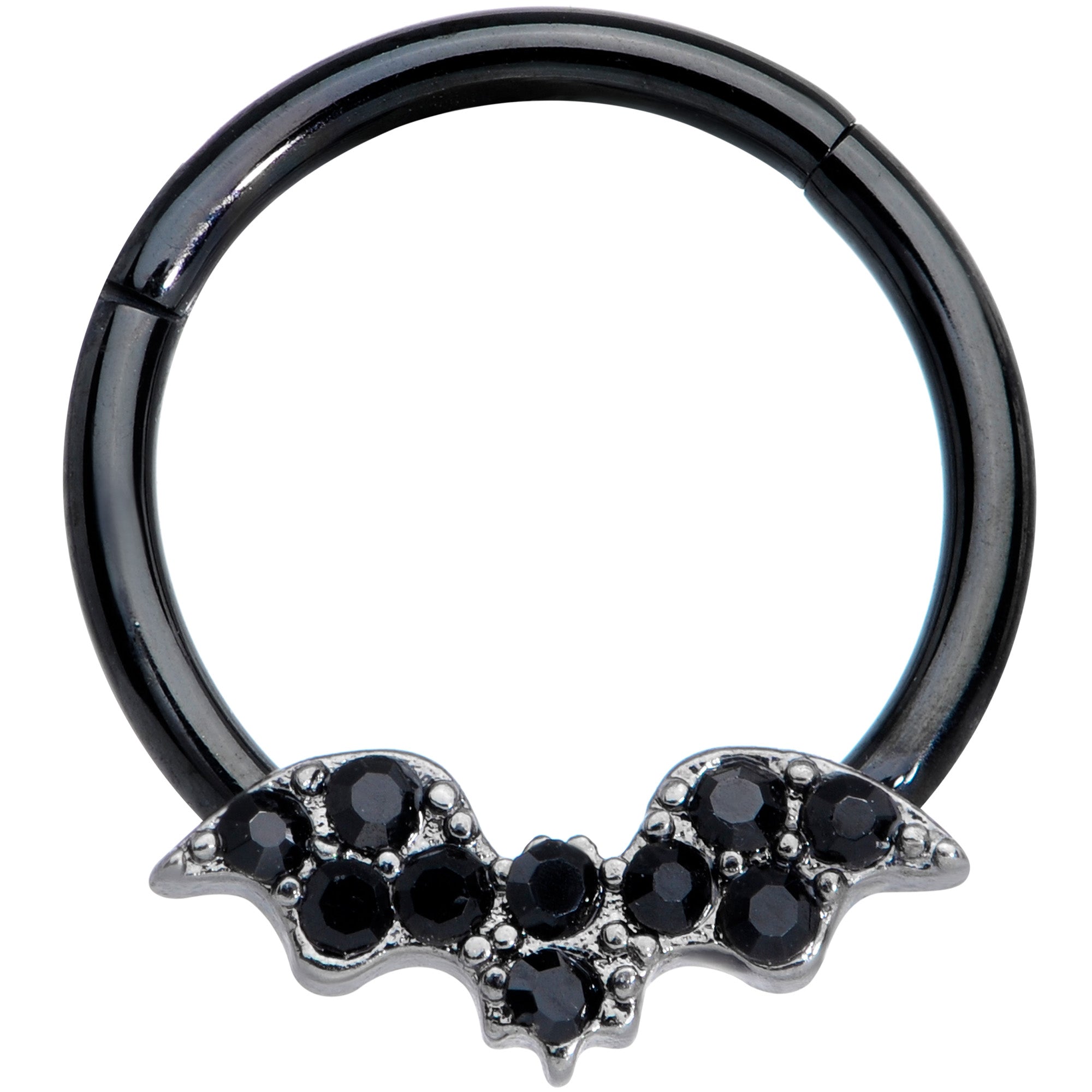 BodyCandy 16G 3/8 Black Gem Black Plated Bat Hinged Segment Ring — main product shot