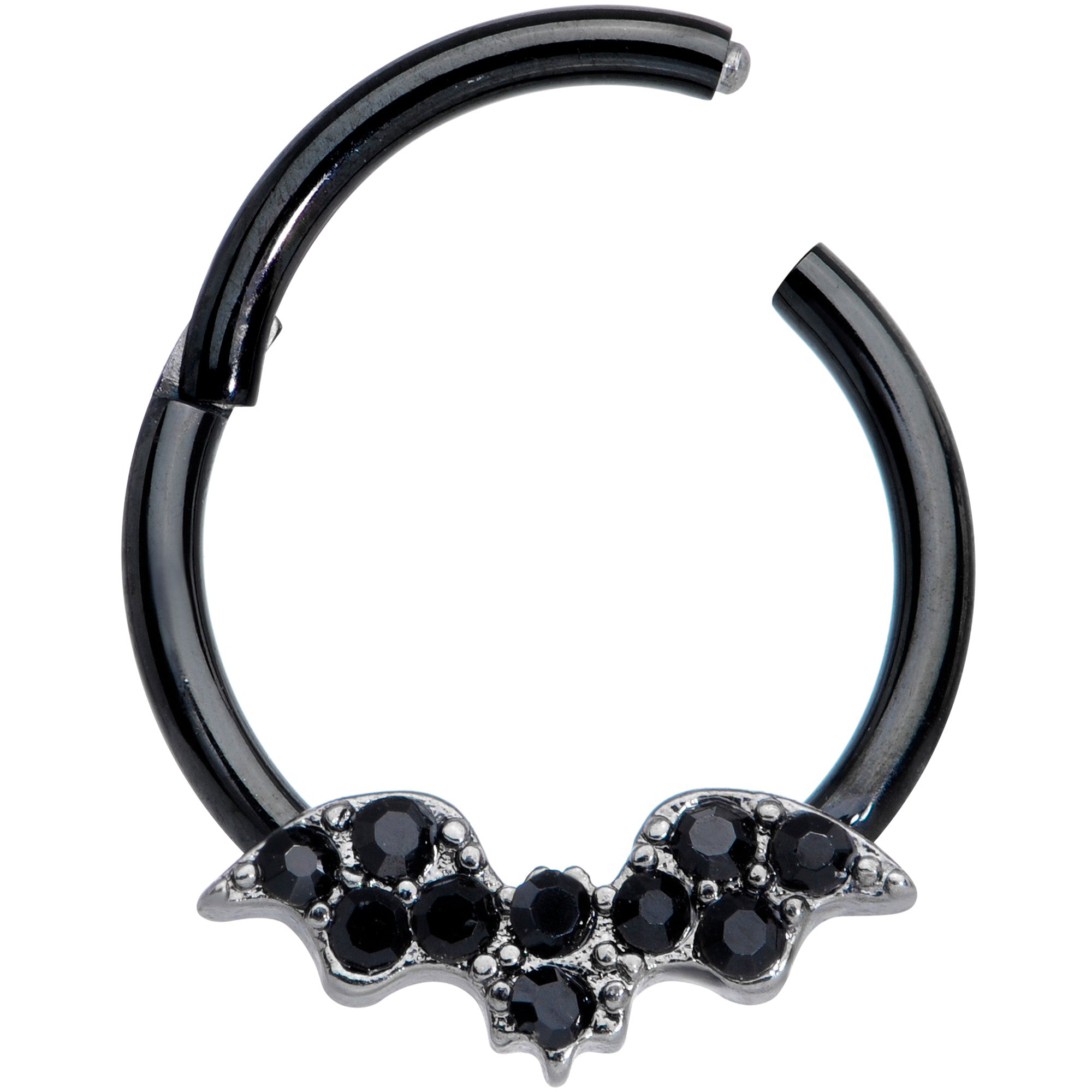 BodyCandy 16G 3/8 Black Gem Black Plated Bat Hinged Segment Ring — lifestyle context