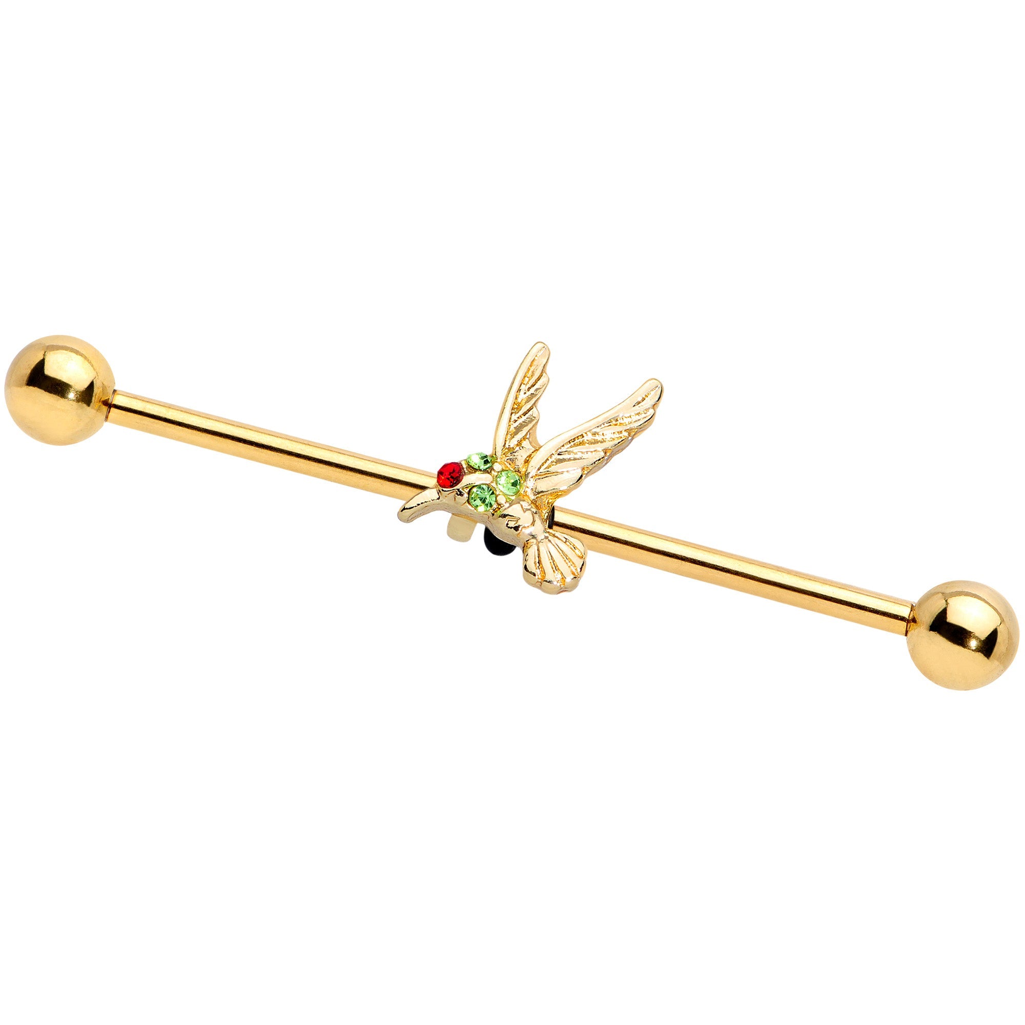 BodyCandy 14G Green Red Gem Gold Tone Hummingbird Industrial Barbell 38mm — main product shot