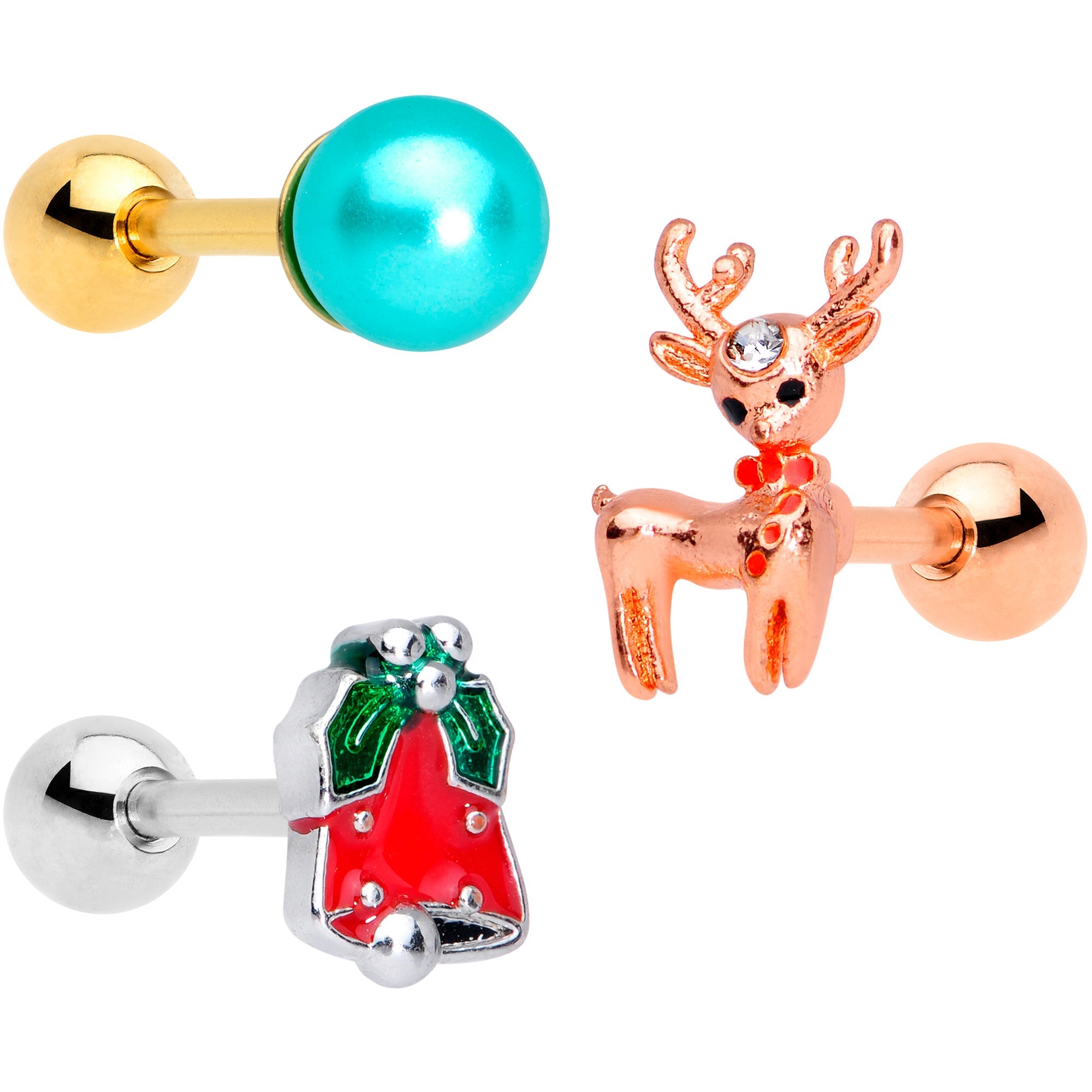 BodyCandy 16G 1/4 Rose Gold Tone Deco Christmas Cartilage Tragus Set of 3 — main product shot