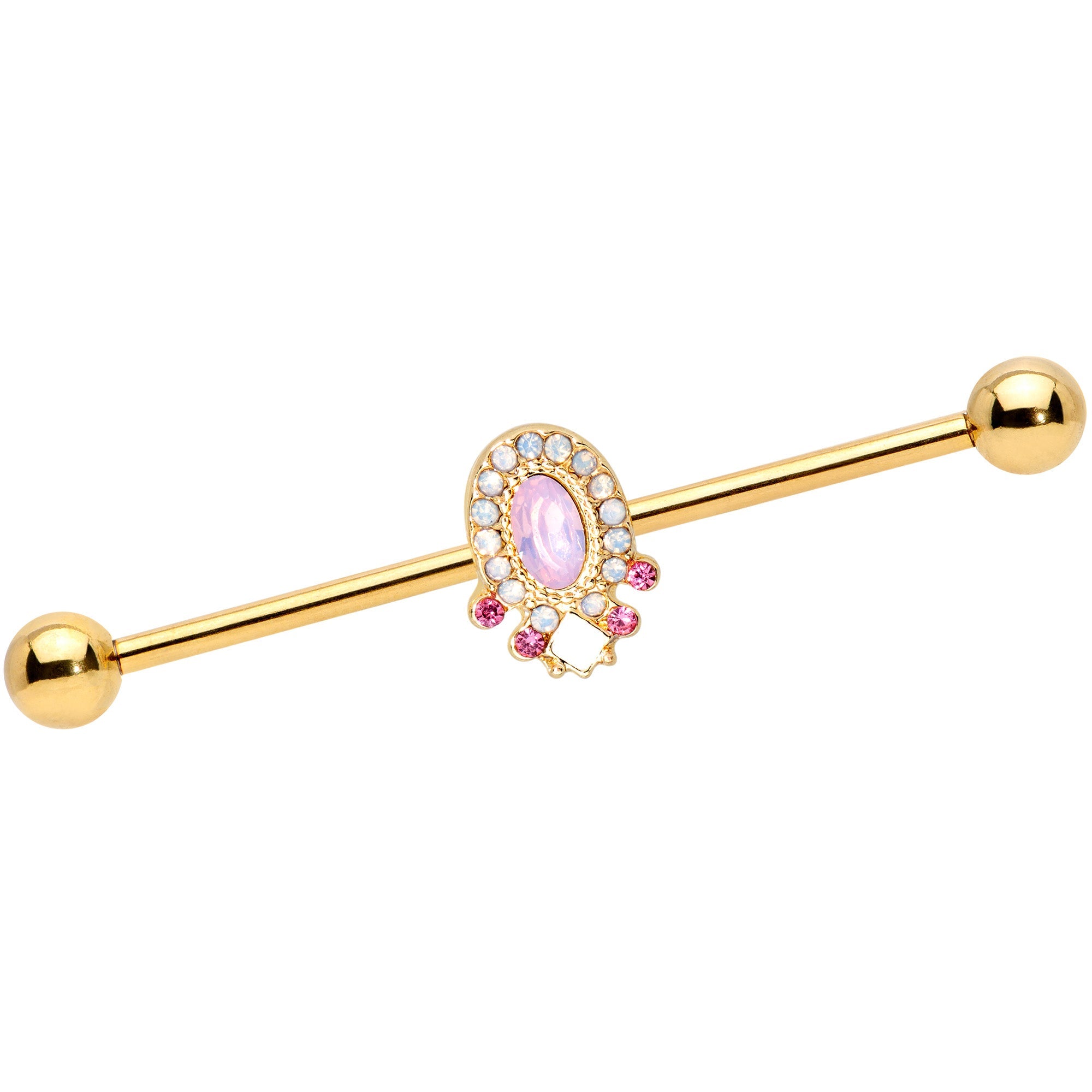 BodyCandy 14G Pink Gem White Faux Opal Gold Tone Industrial Barbell 38mm — main product shot