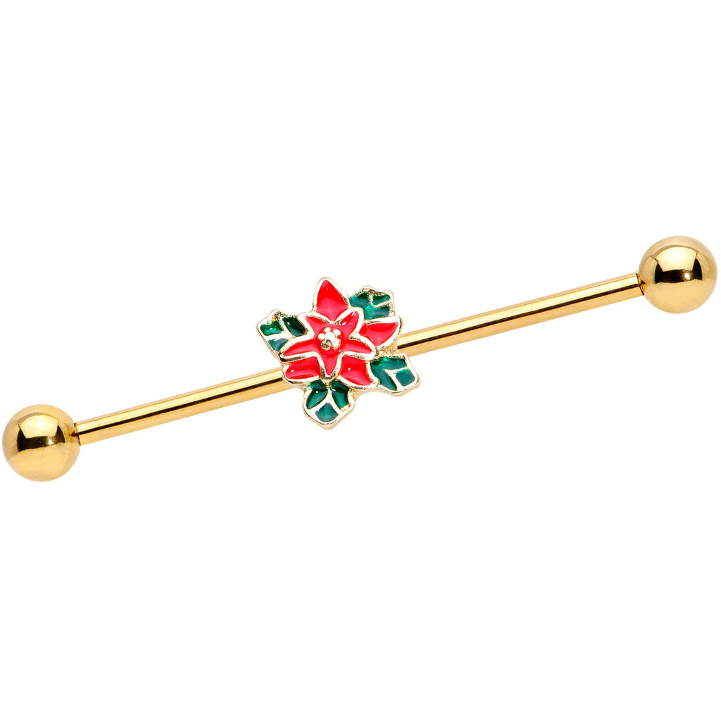 BodyCandy 14G Gold Tone PVD Poinsettia Christmas Industrial Barbell 38mm — main product shot