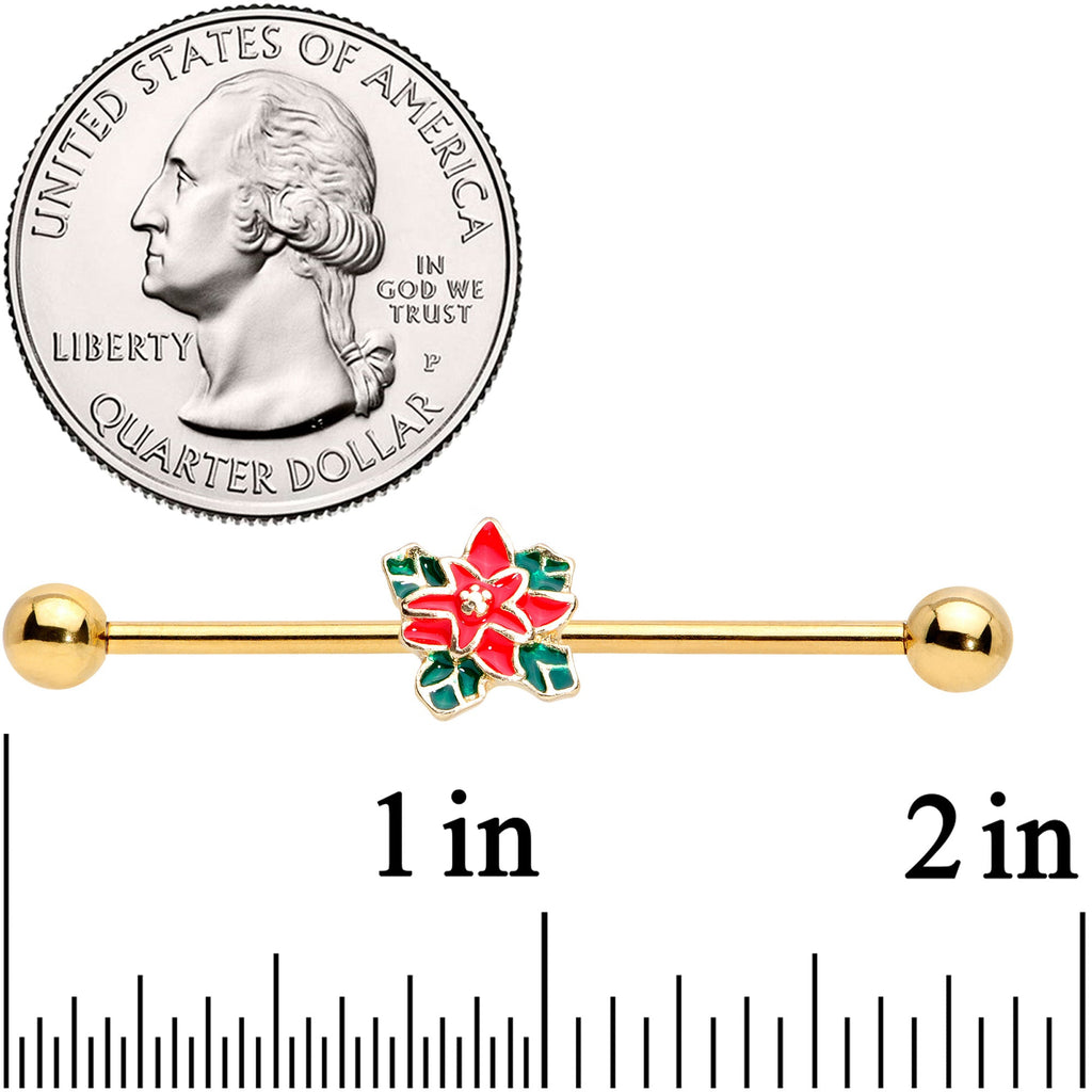 BodyCandy 14G Gold Tone PVD Poinsettia Christmas Industrial Barbell 38mm — side view