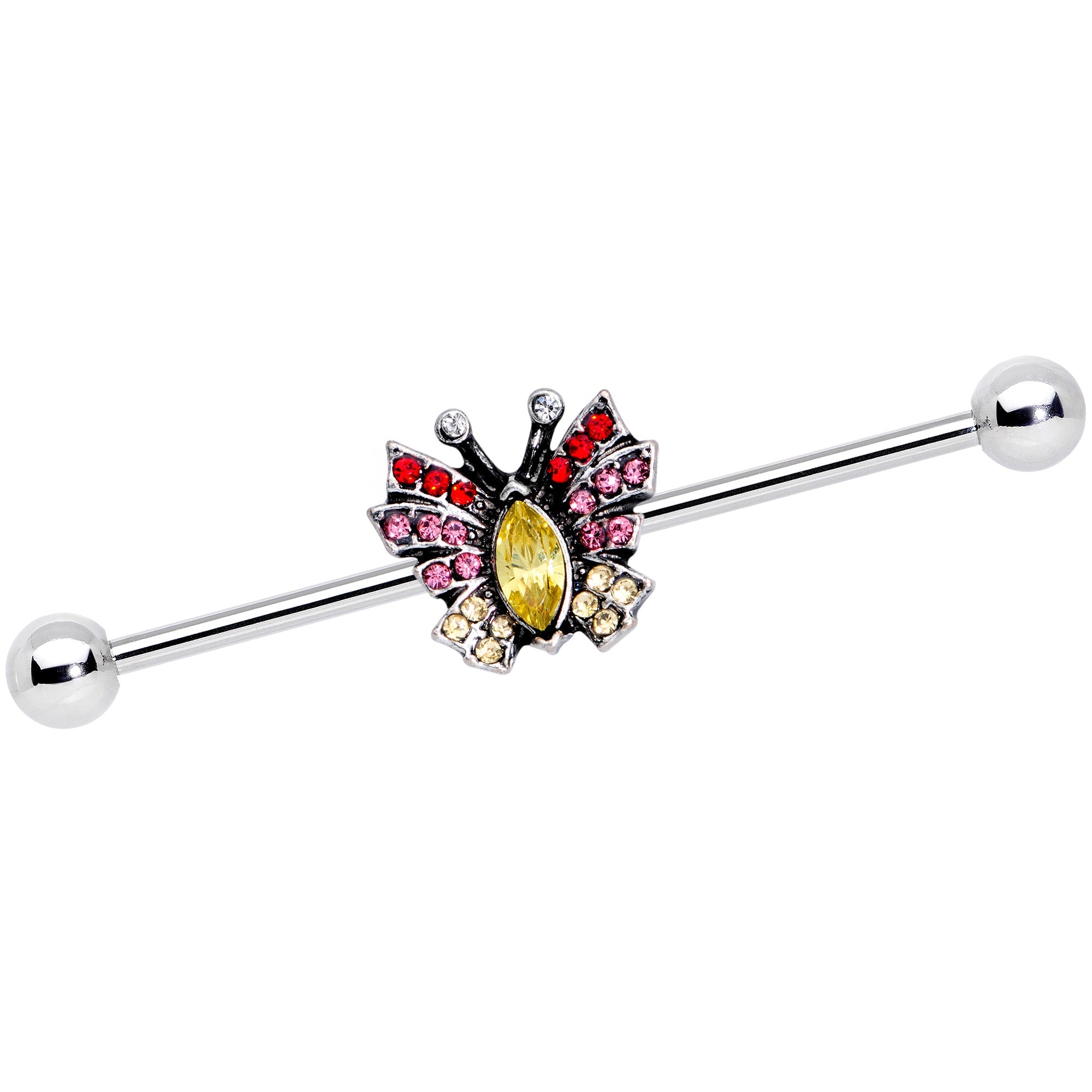 BodyCandy 14G Red Yellow Pink Gem Art Deco Butterfly Industrial Barbell 38mm — main product shot