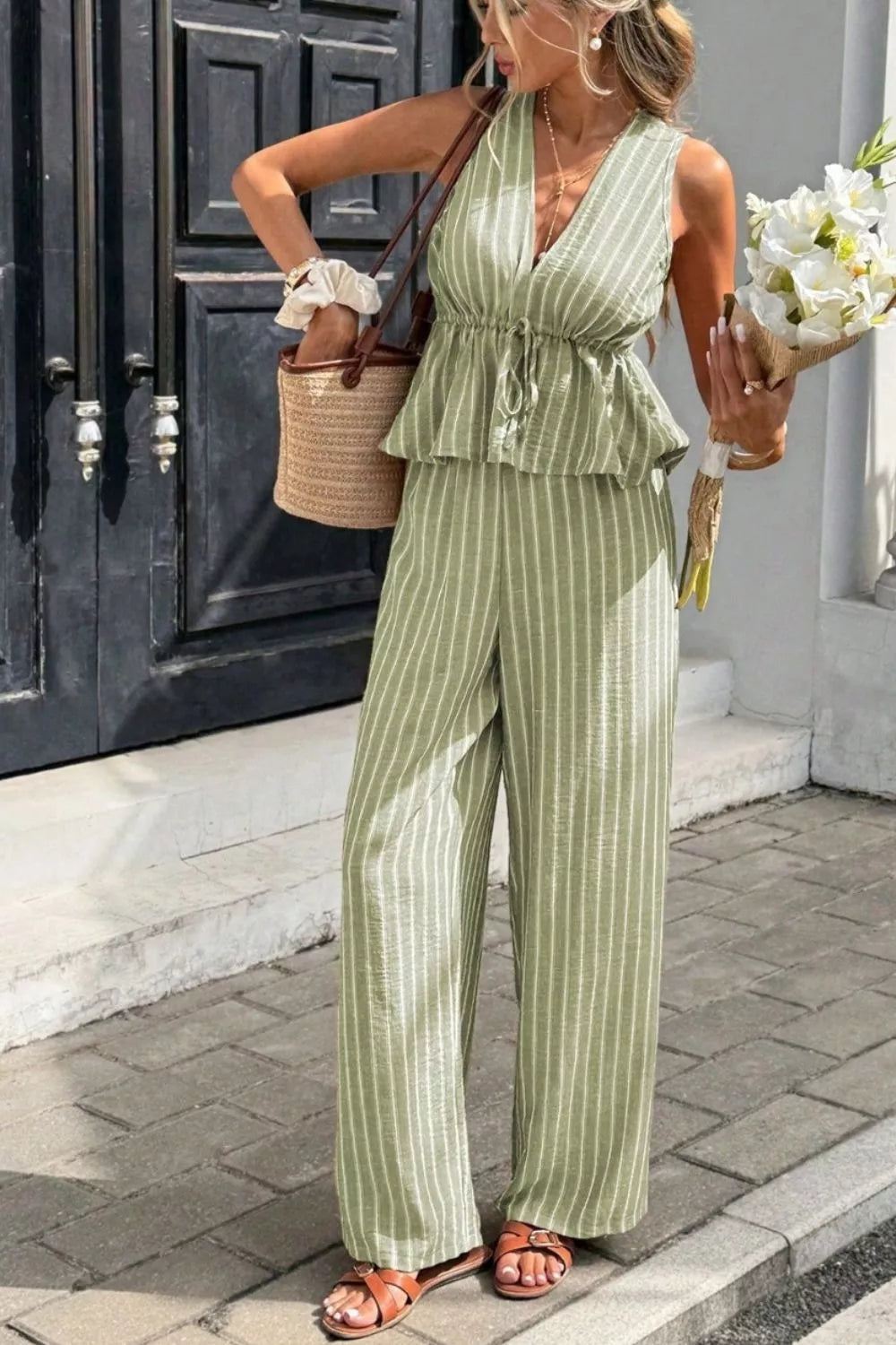 Striped Sleeveless Top and Wide Leg Pants Set