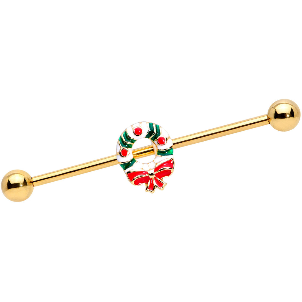 BodyCandy 14G Gold Tone PVD Christmas Wreath Industrial Barbell 38mm — main product shot