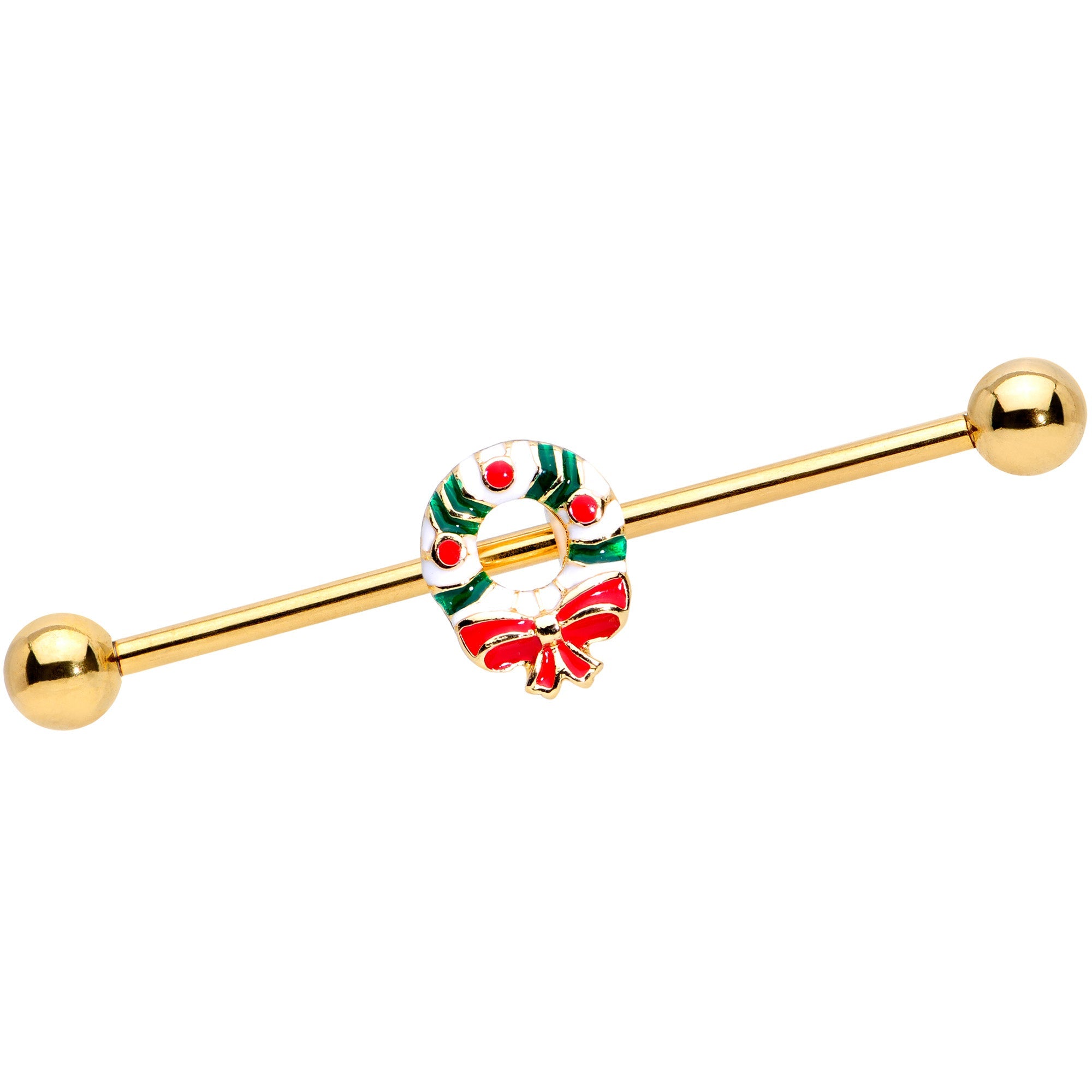 BodyCandy 14G Gold Tone PVD Christmas Wreath Industrial Barbell 38mm — main product shot