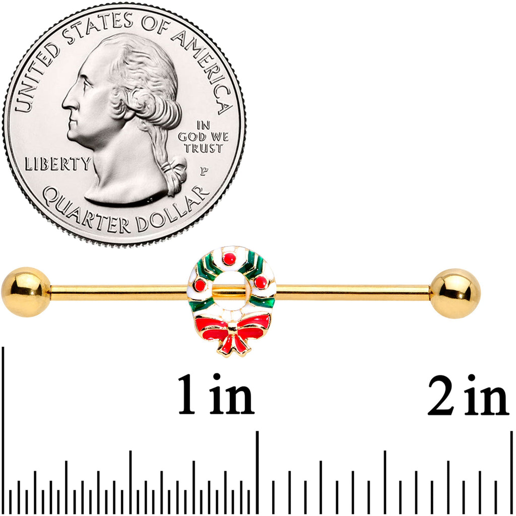 BodyCandy 14G Gold Tone PVD Christmas Wreath Industrial Barbell 38mm — side view