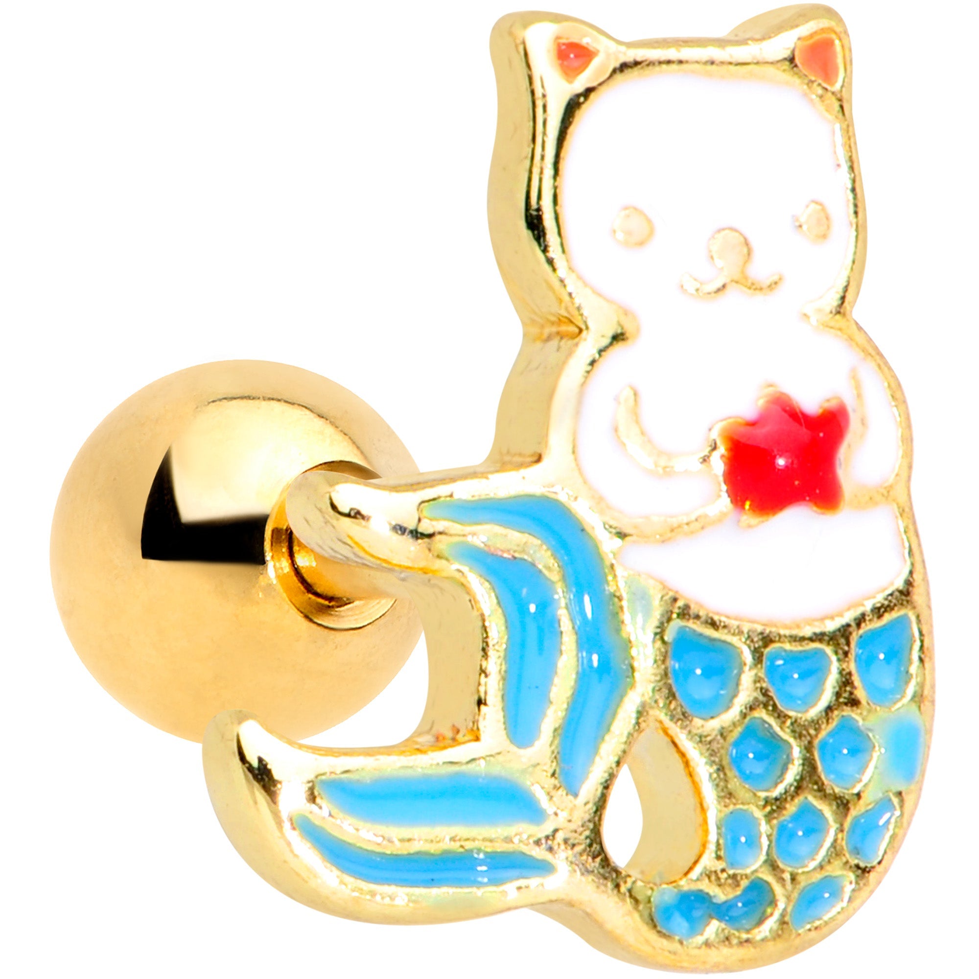 BodyCandy 16G 1/4 Gold Tone Blue White Mermaid Cat Cartilage Tragus — main product shot