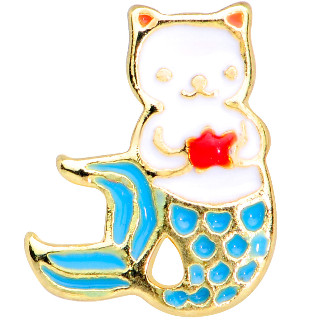 BodyCandy 16G 1/4 Gold Tone Blue White Mermaid Cat Cartilage Tragus — detail close-up