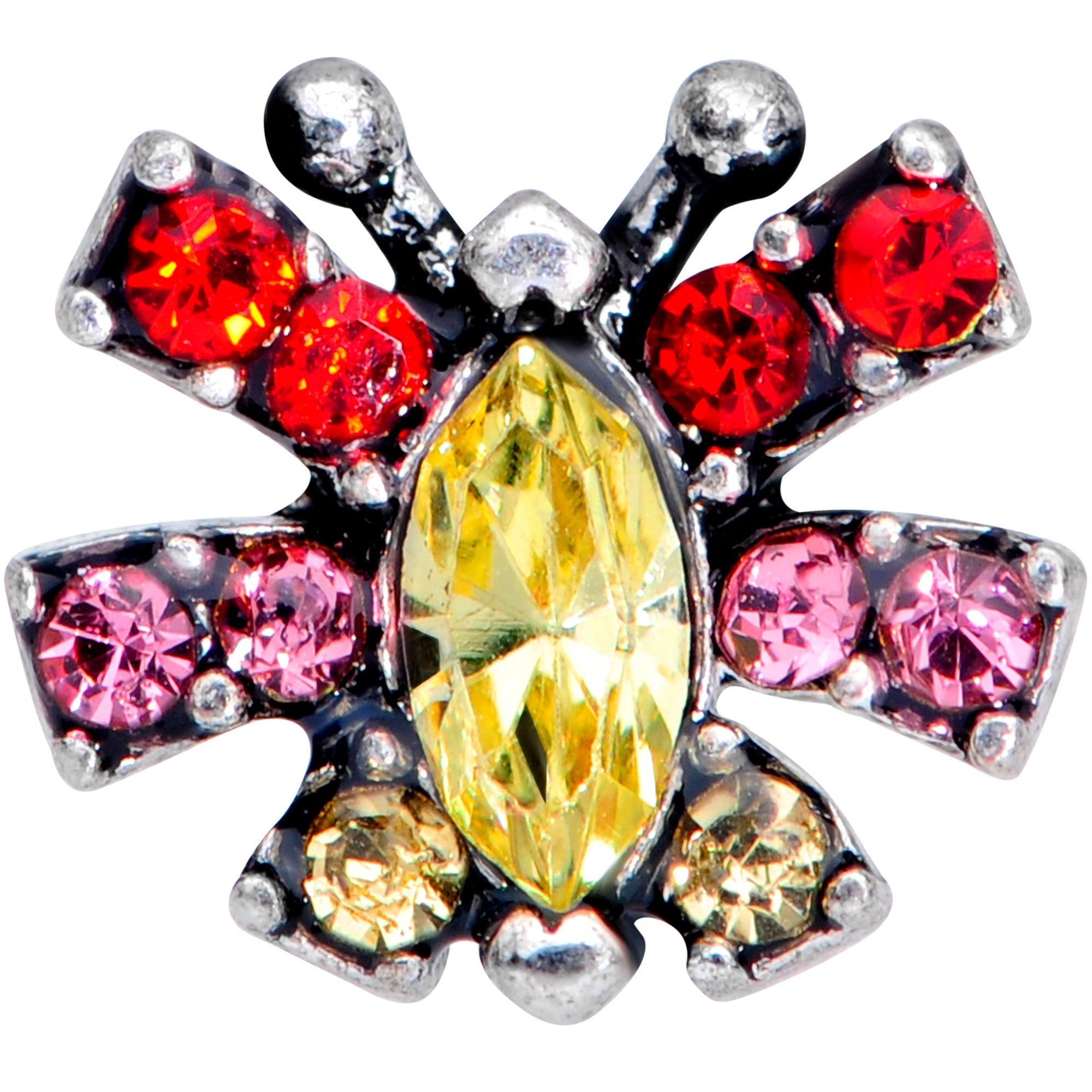 BodyCandy 16G 1/4 Red Yellow Gem Art Deco Butterfly Cartilage Tragus — detail close-up