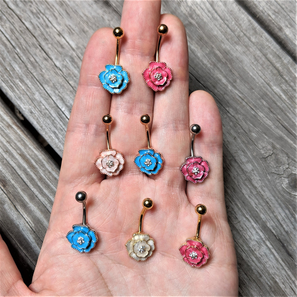 BodyCandy Clear Gem Aqua Rose Reversible Belly Ring — detail close-up