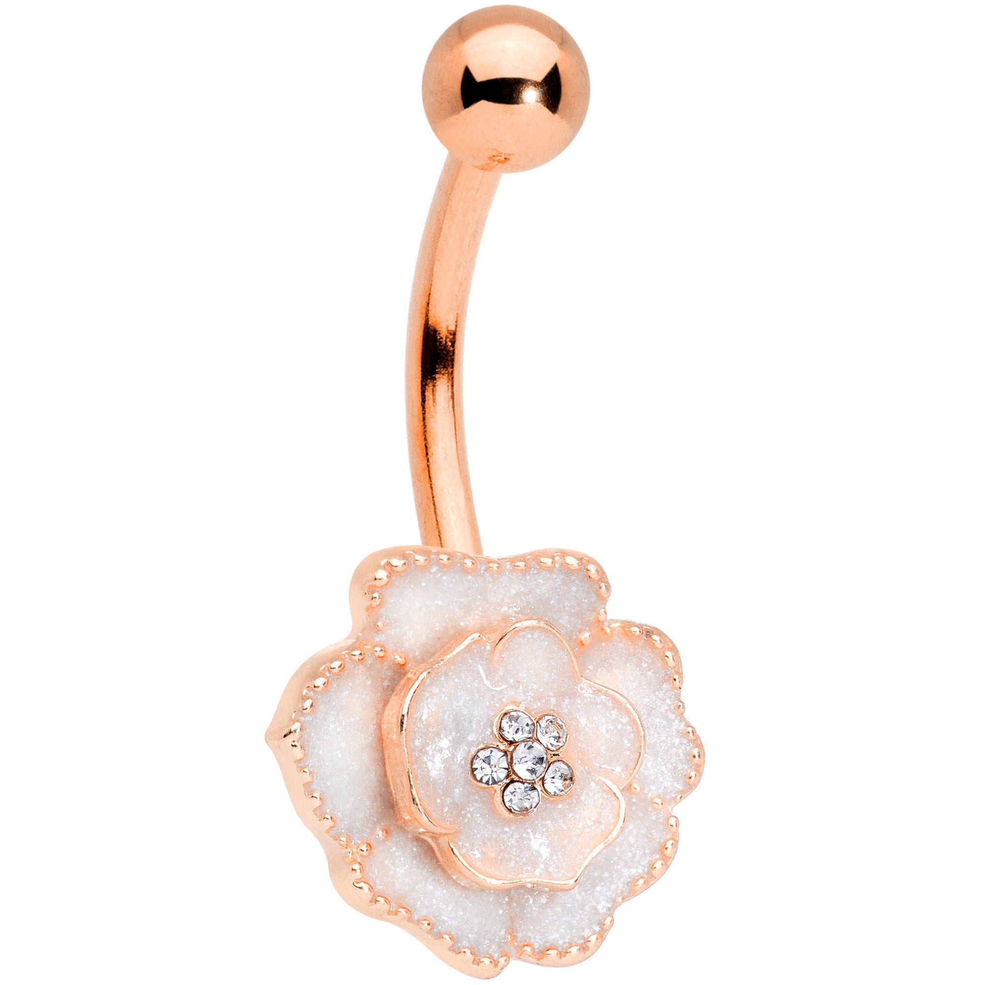 BodyCandy Clear Gem Rose Gold Tone White Rose Reversible Belly Ring — main product shot