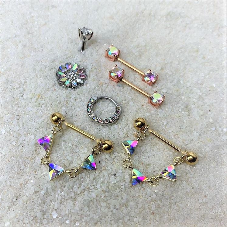 BodyCandy 14G 9/16 Aurora CZ Gem Rose Gold Tone Barbell Nipple Ring Set — branding close-up
