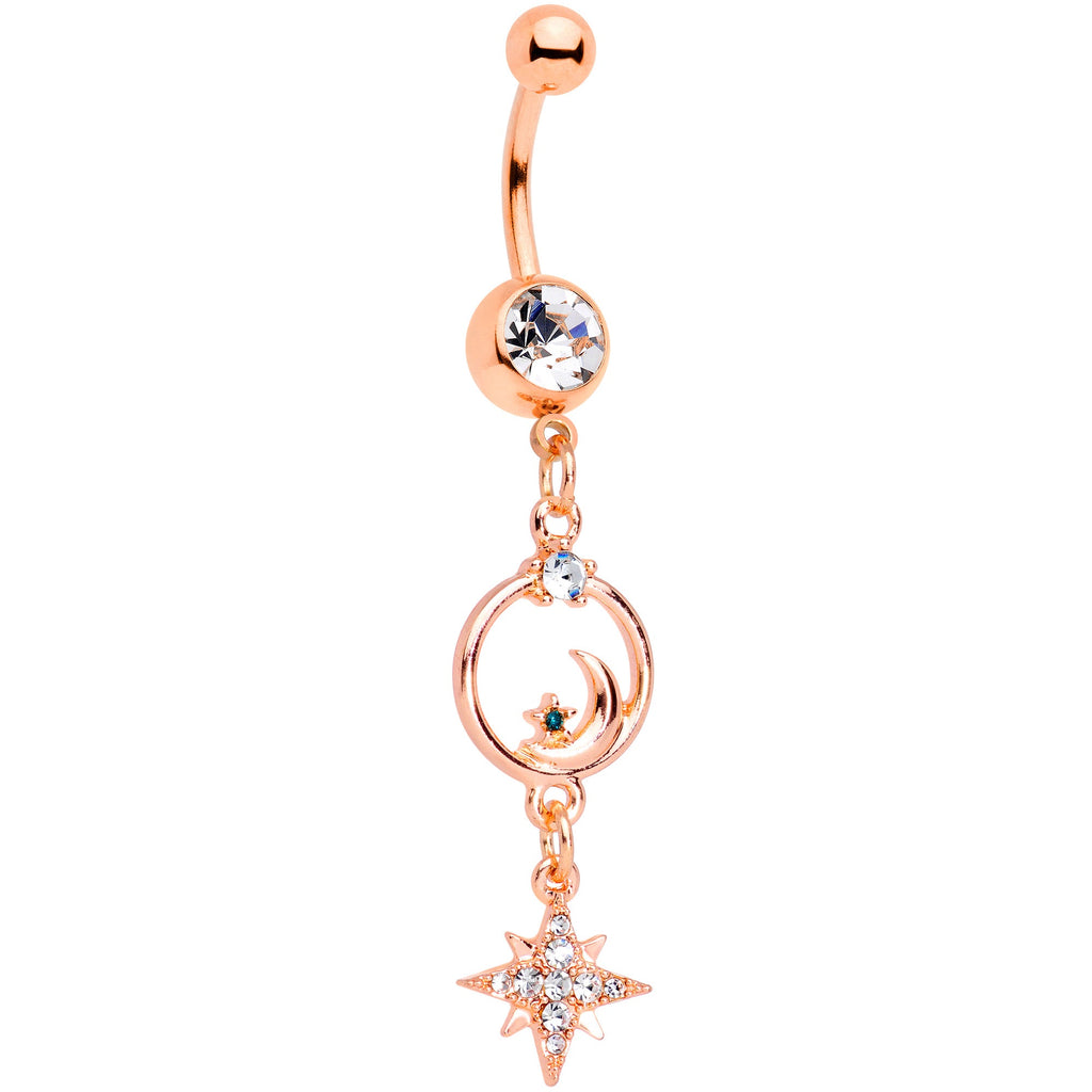 BodyCandy Clear Gem Rose Gold Tone Starry Moon Dangle Belly Ring — main product shot