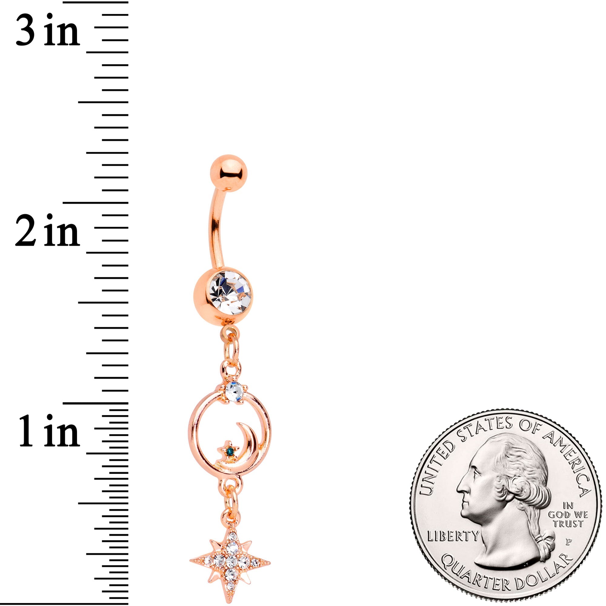 BodyCandy Clear Gem Rose Gold Tone Starry Moon Dangle Belly Ring — detail close-up