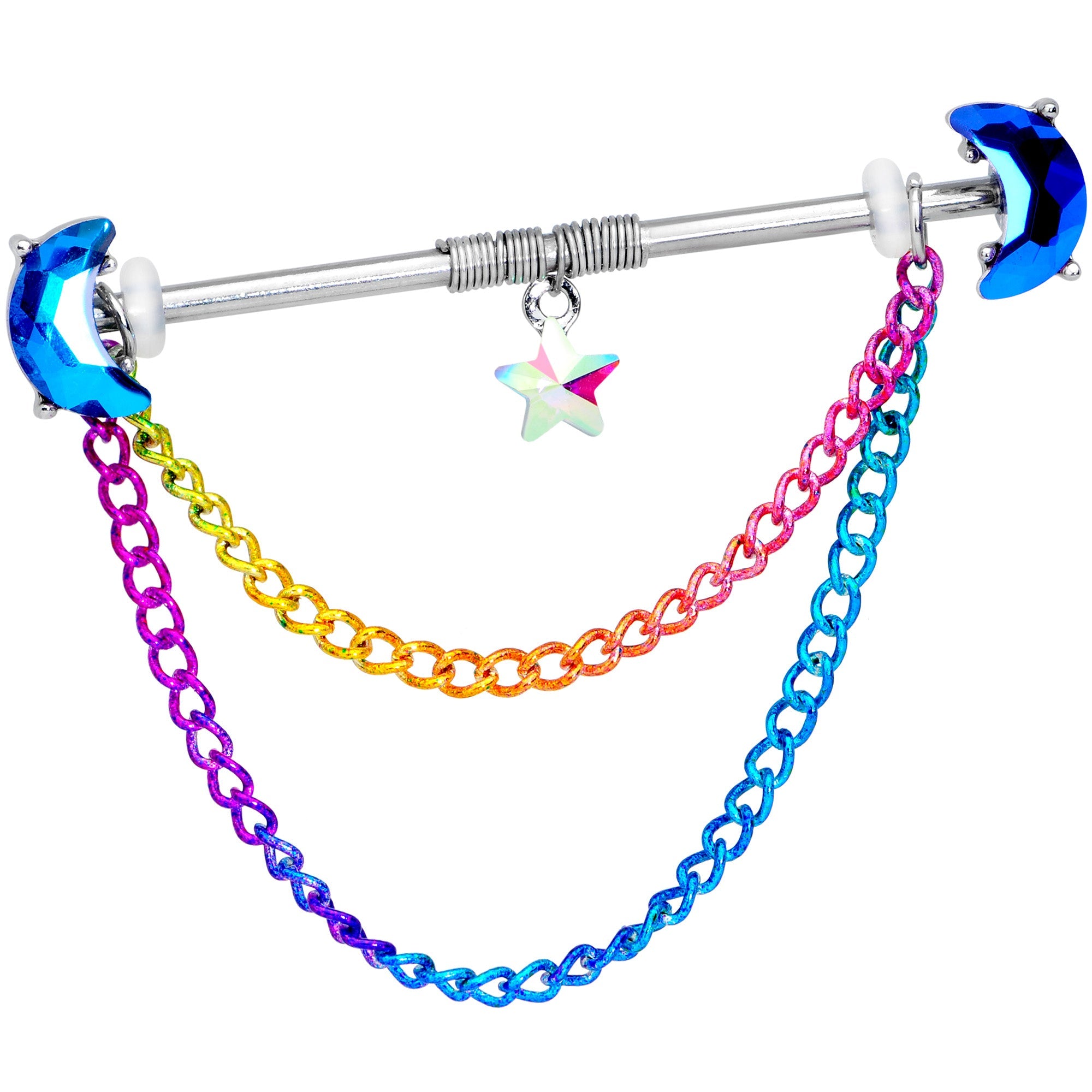 BodyCandy 14G Blue Gem Moon Double Rainbow Chain Dangle Project Bar 38mm — main product shot