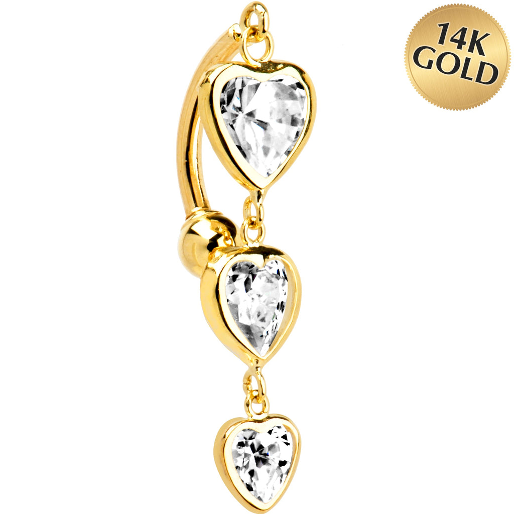 BodyCandy 16G Solid 14K Yellow Gold TOP MOUNT Cubic Zirconia HEART TRILOGY Belly Ring — main product shot