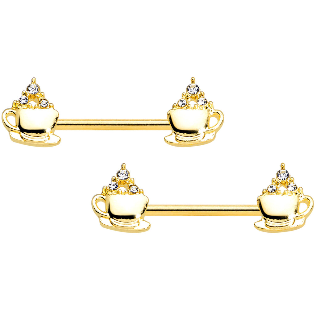 BodyCandy 14G 9/16 Clear Gem Gold Tone Hot Cocoa Barbell Nipple Ring Set — main product shot