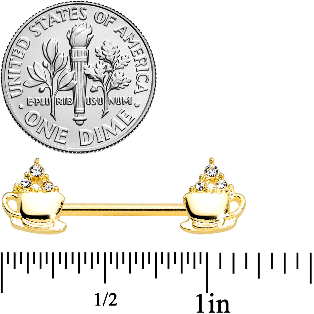 BodyCandy 14G 9/16 Clear Gem Gold Tone Hot Cocoa Barbell Nipple Ring Set — detail close-up