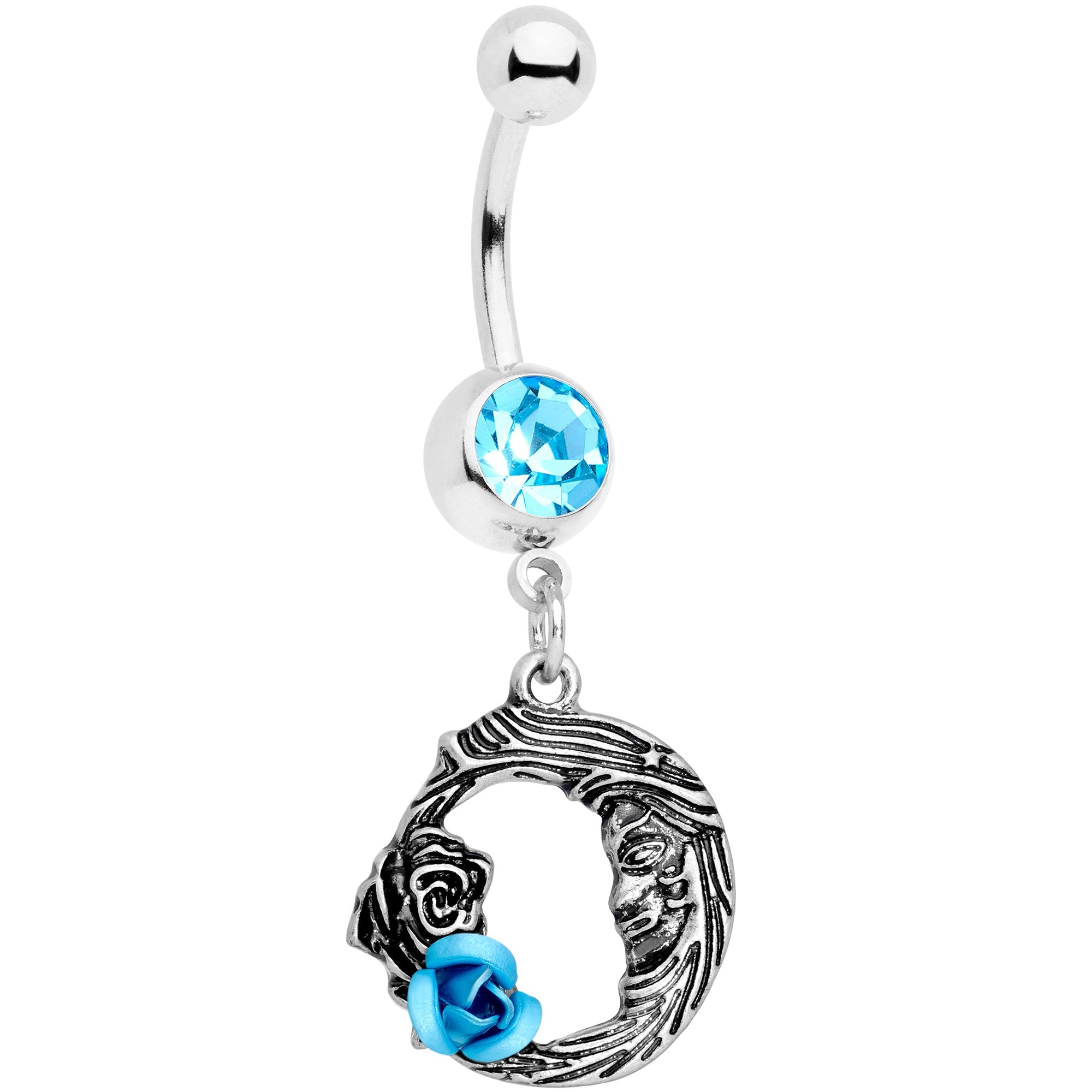 BodyCandy Aqua Gem Rose Flower Moon Dangle Belly Ring — main product shot
