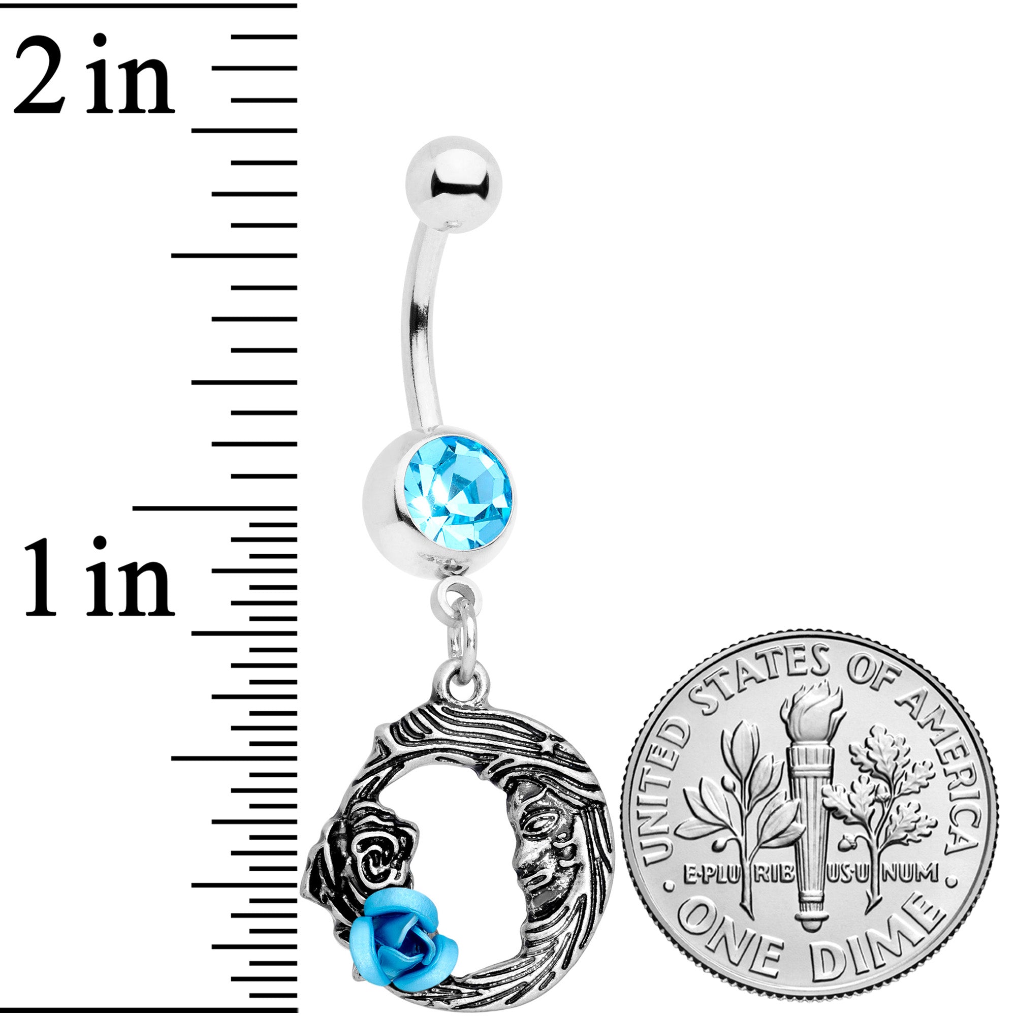 BodyCandy Aqua Gem Rose Flower Moon Dangle Belly Ring — detail close-up