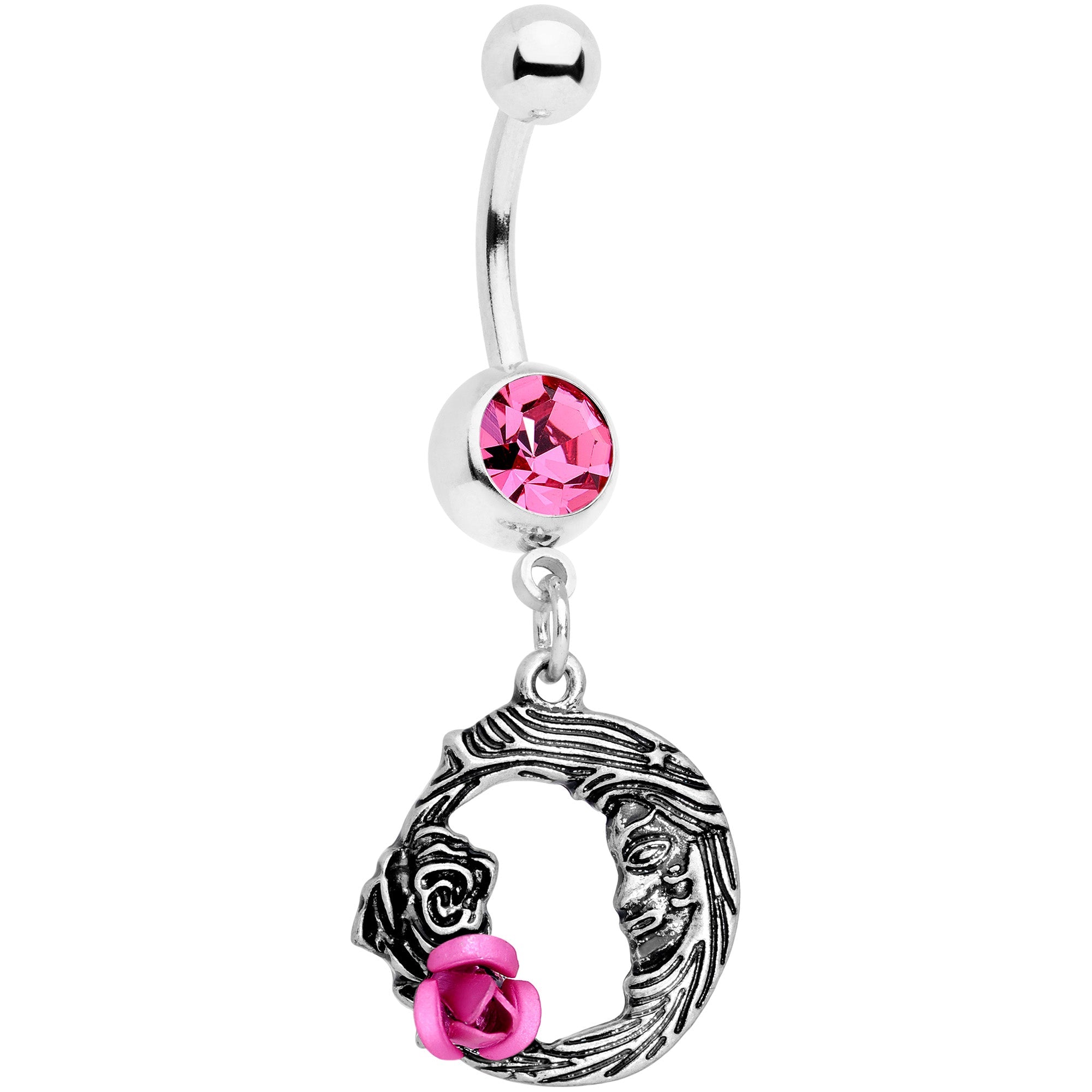 BodyCandy Pink Gem Rose Flower Moon Dangle Belly Ring — main product shot