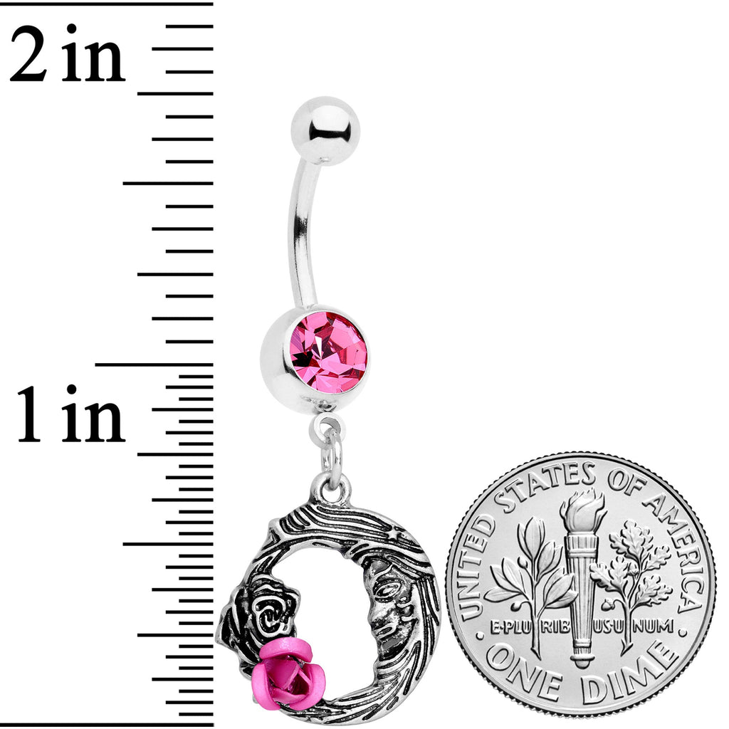 BodyCandy Pink Gem Rose Flower Moon Dangle Belly Ring — detail close-up