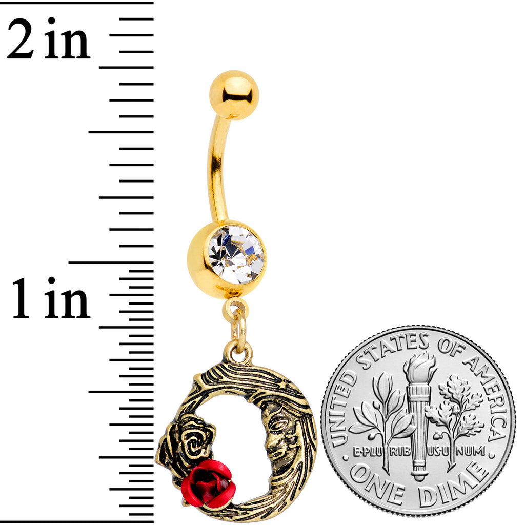 BodyCandy Clear Gem Gold Tone Rose Flower Moon Dangle Belly Ring — detail close-up