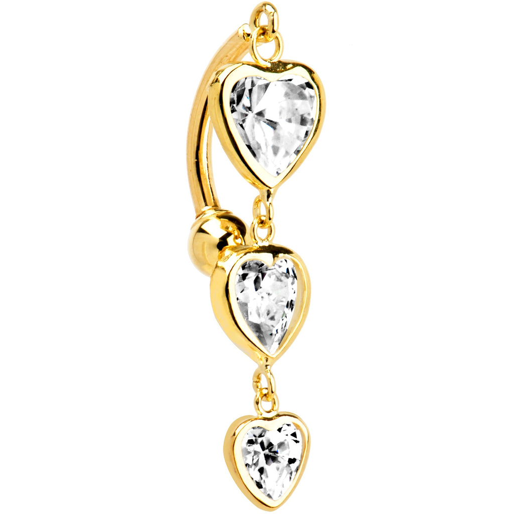 BodyCandy 16G Solid 14K Yellow Gold TOP MOUNT Cubic Zirconia HEART TRILOGY Belly Ring — detail close-up