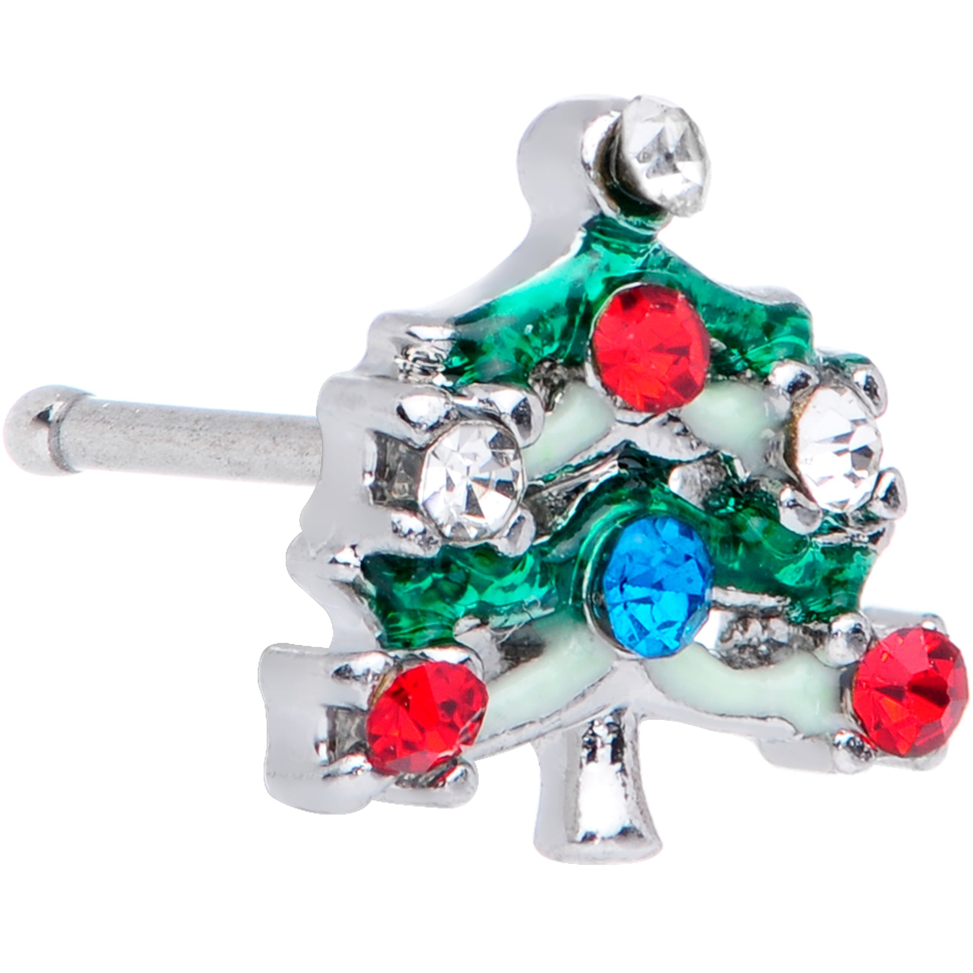 BodyCandy 20G 1/4 Clear Blue Red Gem Christmas Tree Nose Bone — main product shot
