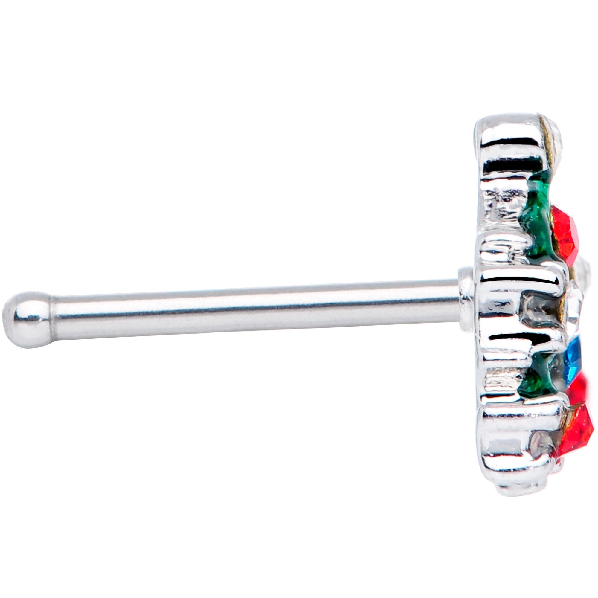 BodyCandy 20G 1/4 Clear Blue Red Gem Christmas Tree Nose Bone — side view