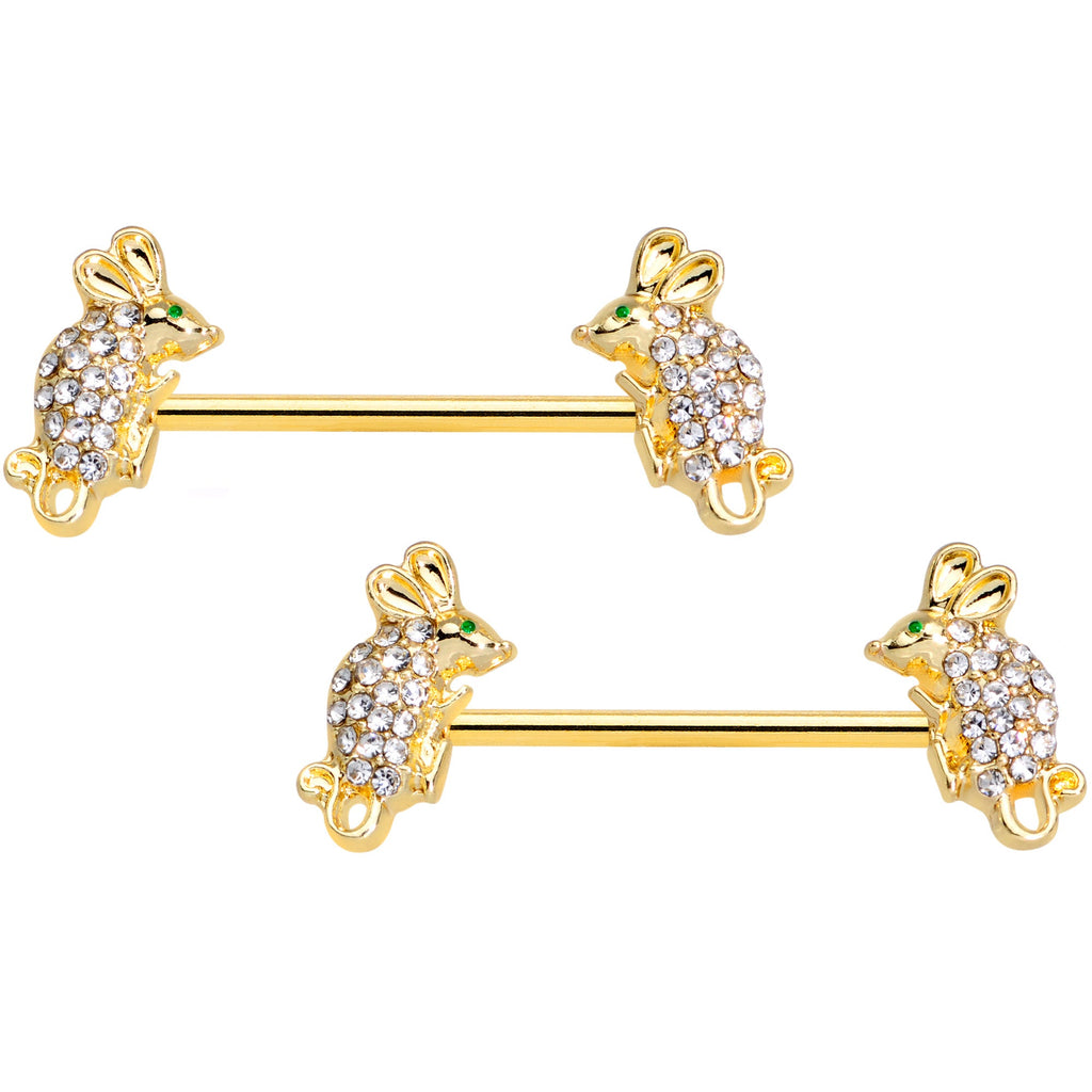 BodyCandy 14G 9/16 Clear Aqua Gem Gold Tone Mouse Barbell Nipple Ring Set — main product shot