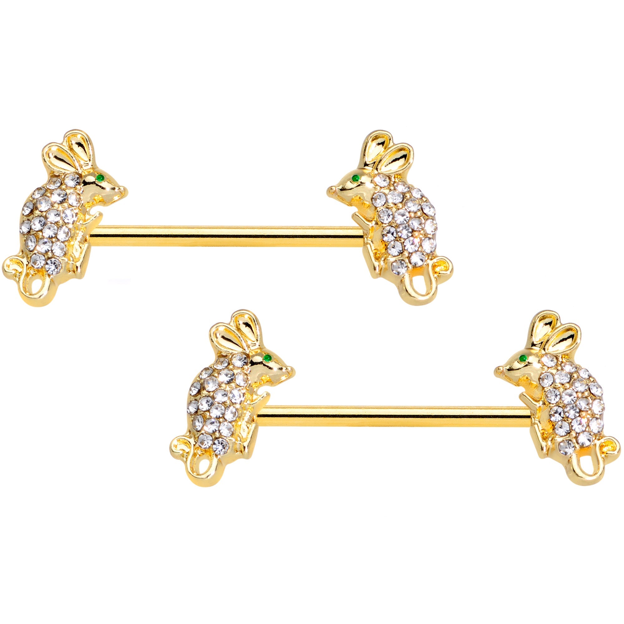 BodyCandy 14G 9/16 Clear Aqua Gem Gold Tone Mouse Barbell Nipple Ring Set — main product shot