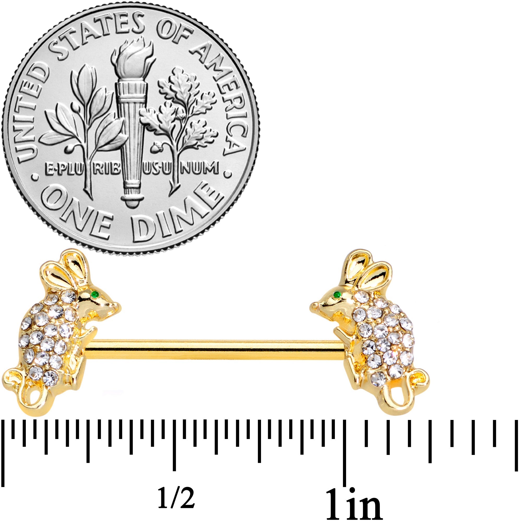 BodyCandy 14G 9/16 Clear Aqua Gem Gold Tone Mouse Barbell Nipple Ring Set — detail close-up