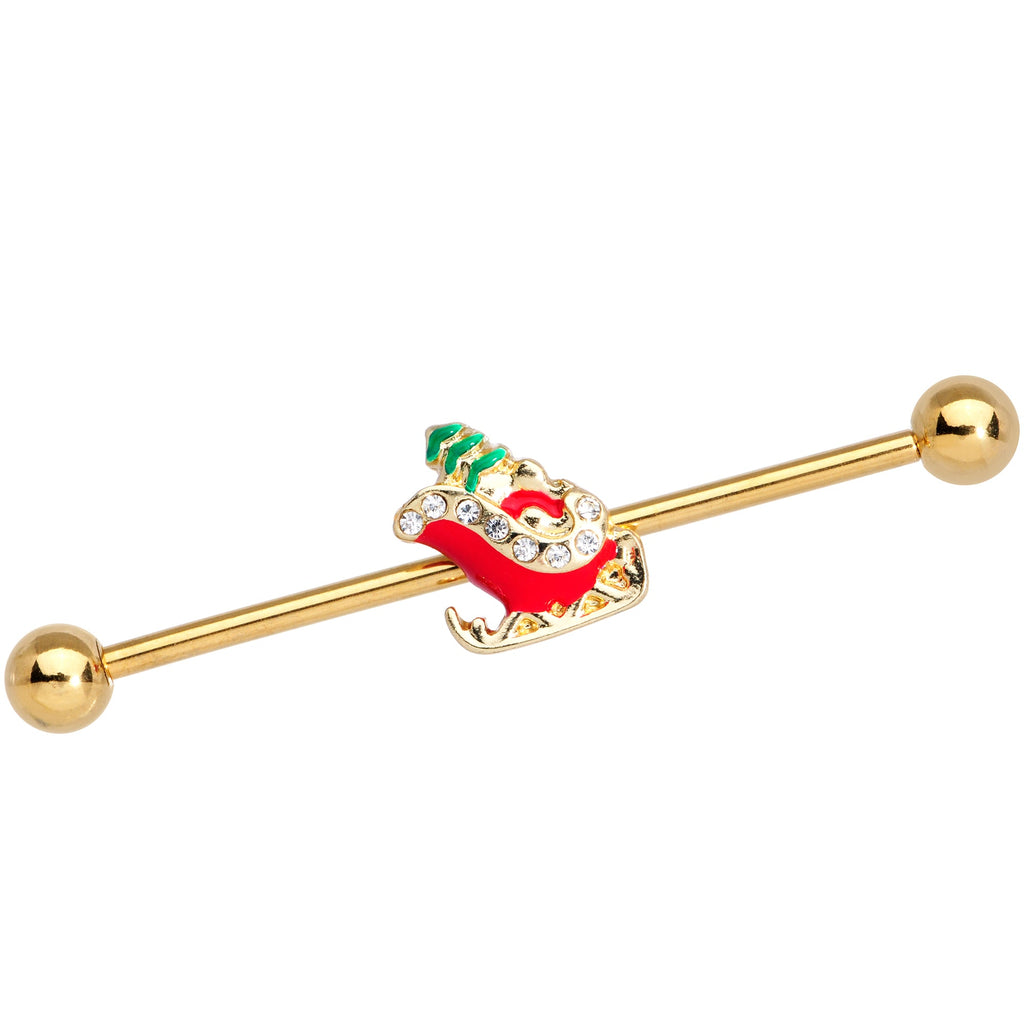 BodyCandy 14G Clear Gem Gold Tone Sleigh Christmas Industrial Barbell 38mm — main product shot
