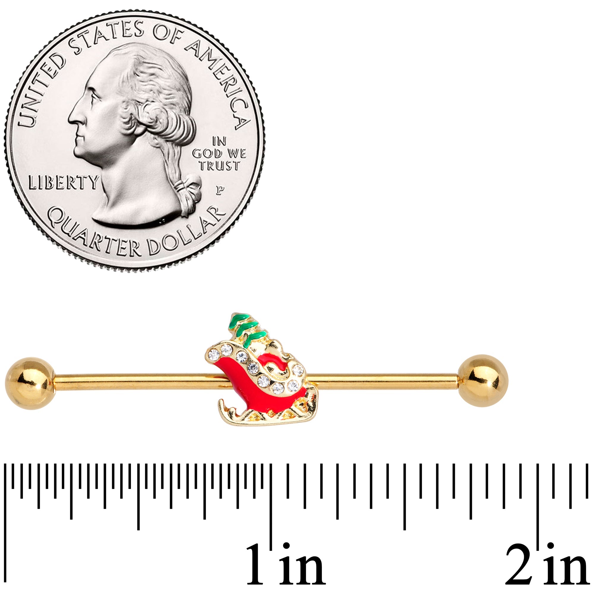 BodyCandy 14G Clear Gem Gold Tone Sleigh Christmas Industrial Barbell 38mm — lifestyle context
