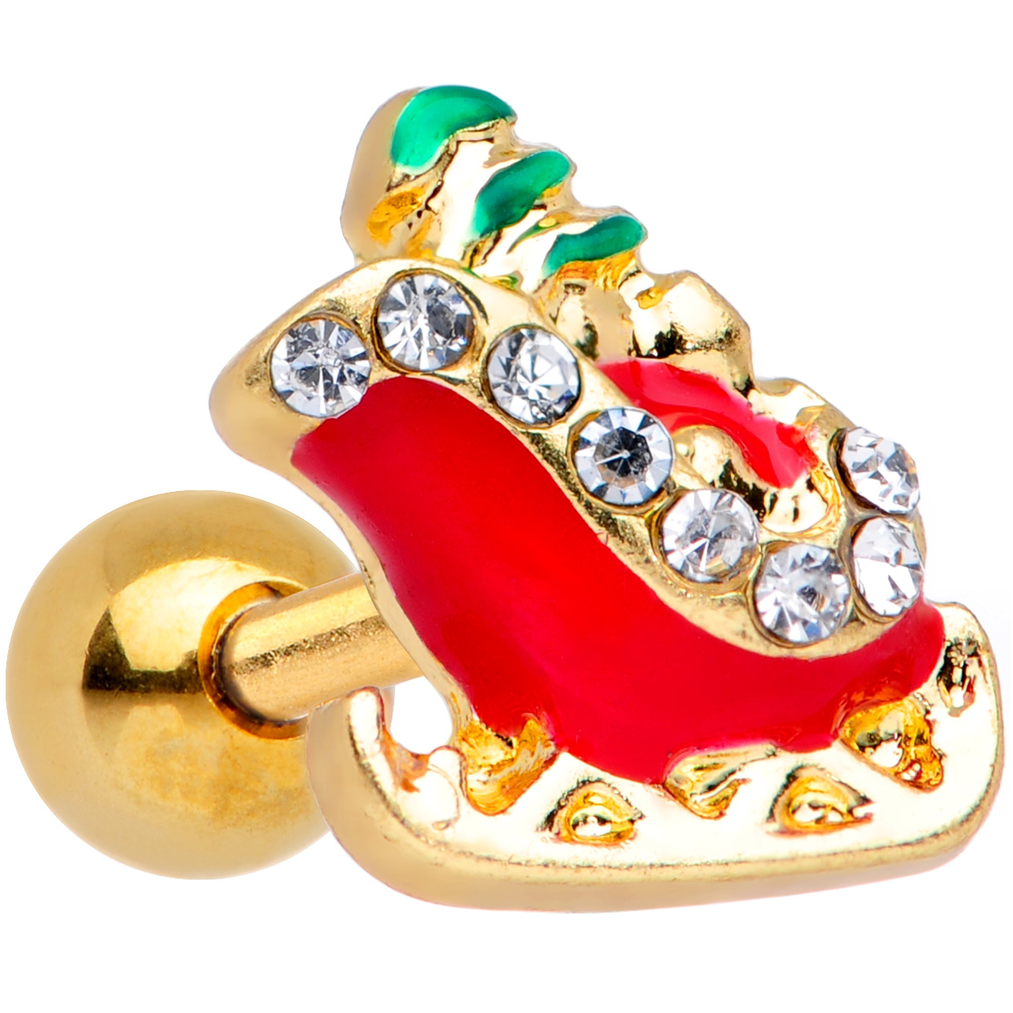 BodyCandy 16G 1/4 Clear Gem Gold Tone Christmas Sleigh Cartilage Tragus — main product shot