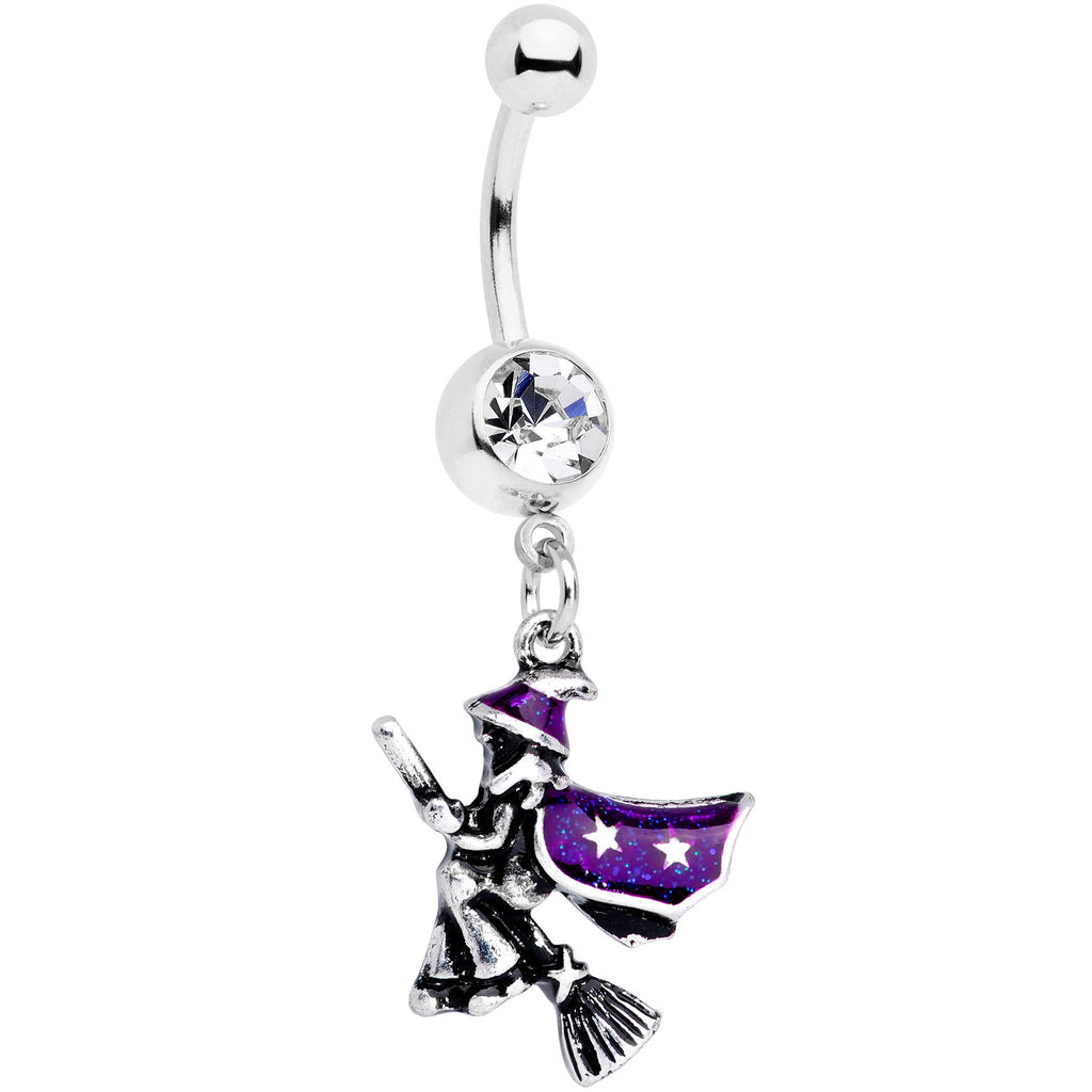 BodyCandy Clear Gem Purple Witch Broom Halloween Dangle Belly Ring — main product shot