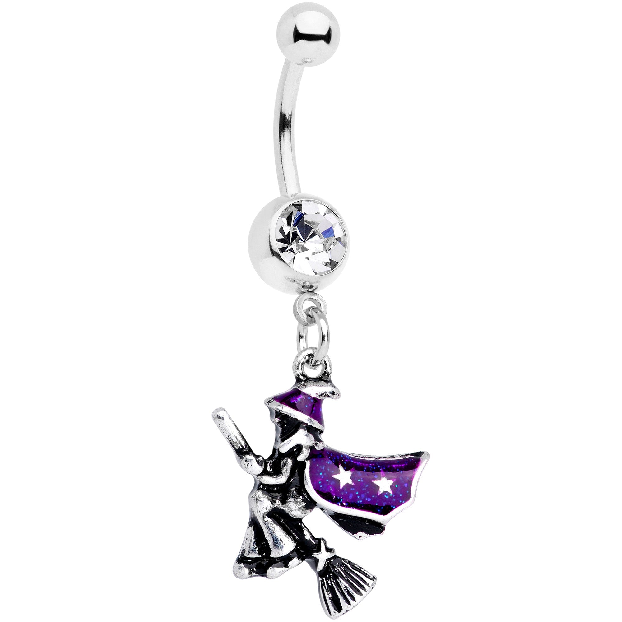 BodyCandy Clear Gem Purple Witch Broom Halloween Dangle Belly Ring — main product shot