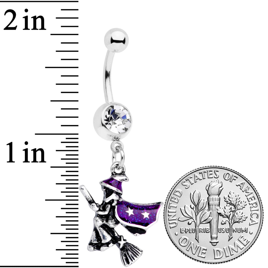 BodyCandy Clear Gem Purple Witch Broom Halloween Dangle Belly Ring — detail close-up
