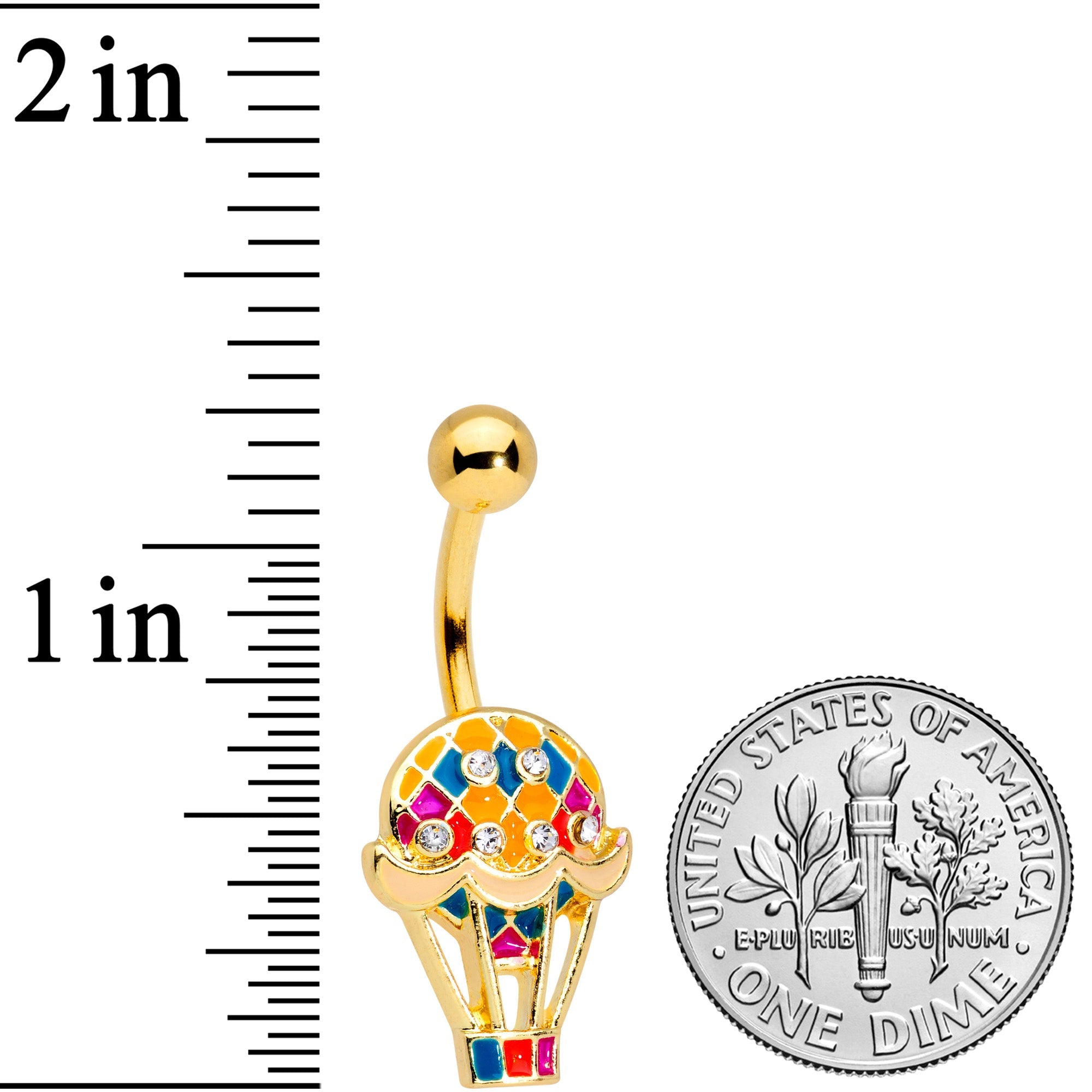 BodyCandy Clear Gem Gold Tone Yellow Red Hot Air Balloon Belly Ring — detail close-up